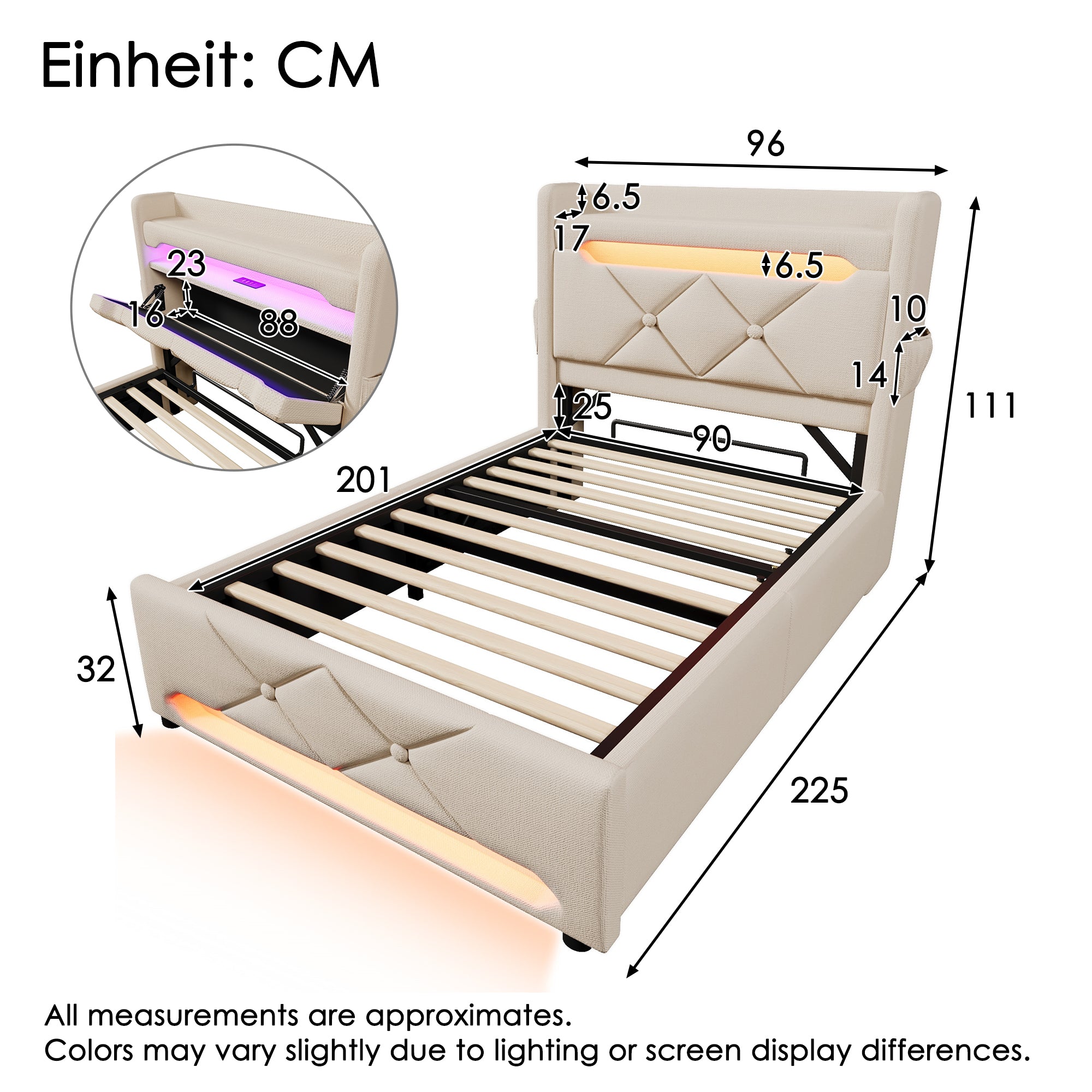 Upholstered Single Bed 90x200 Hydraulic Storage Headboard with USB/Type C & 360° LED Lighting, Beige Linen