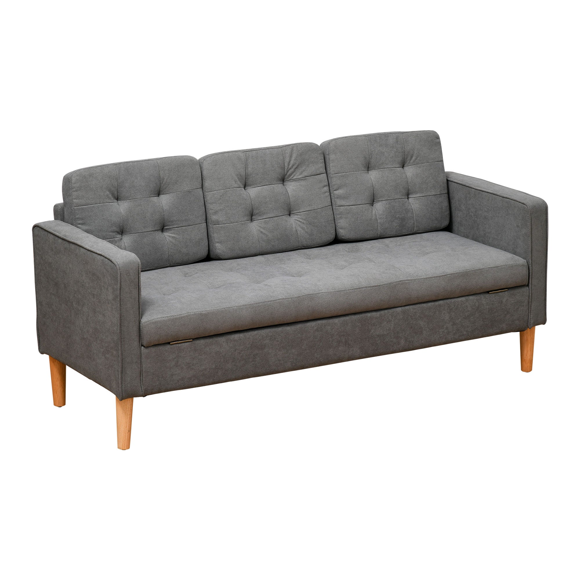 Modern 3 Seater Sofa, Hidden Storage Couch with Wood Legs, Grey Cotton