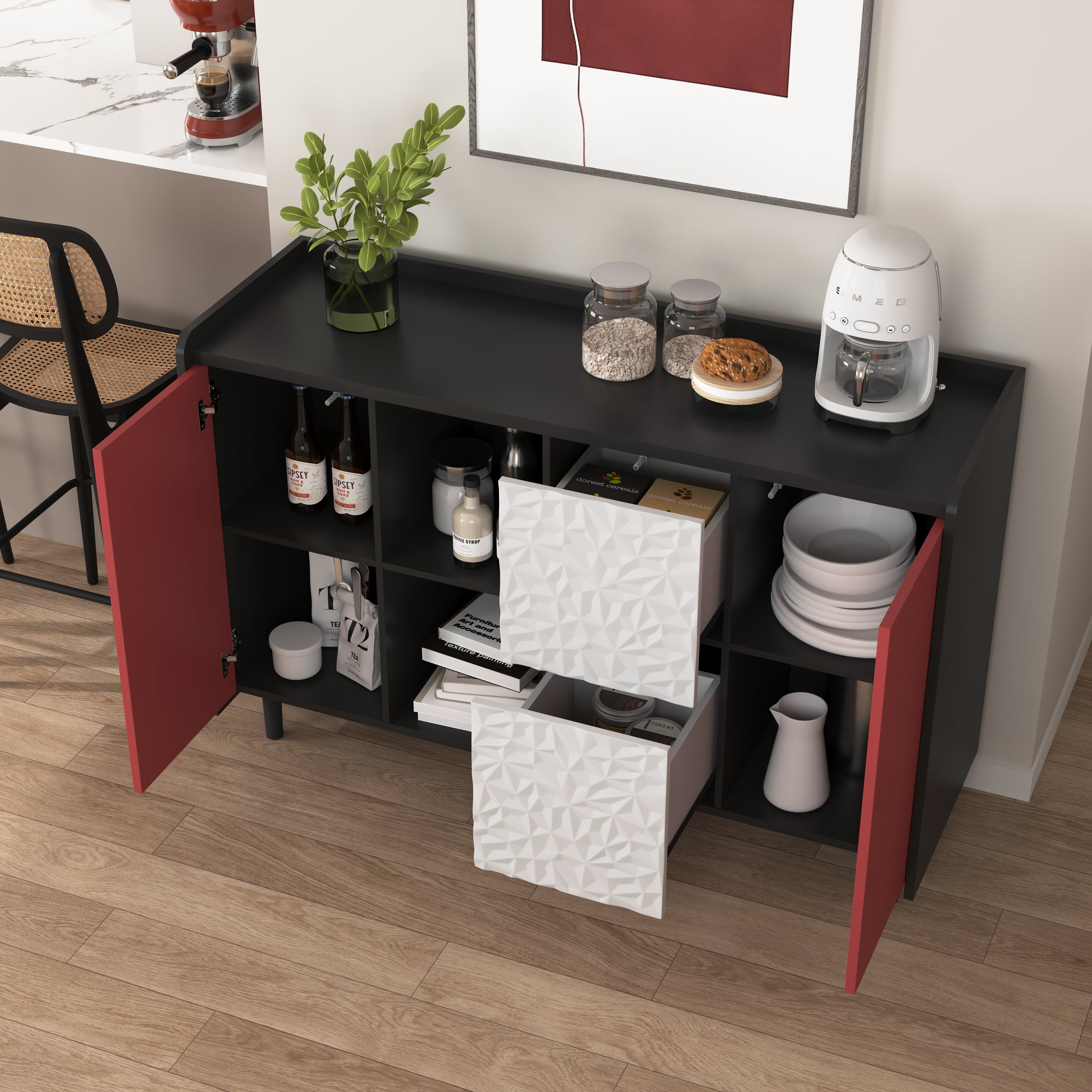 Sideboard Buffet Cabinet with 2 Drawers & Open Storage, Panel Styling - Black/Red