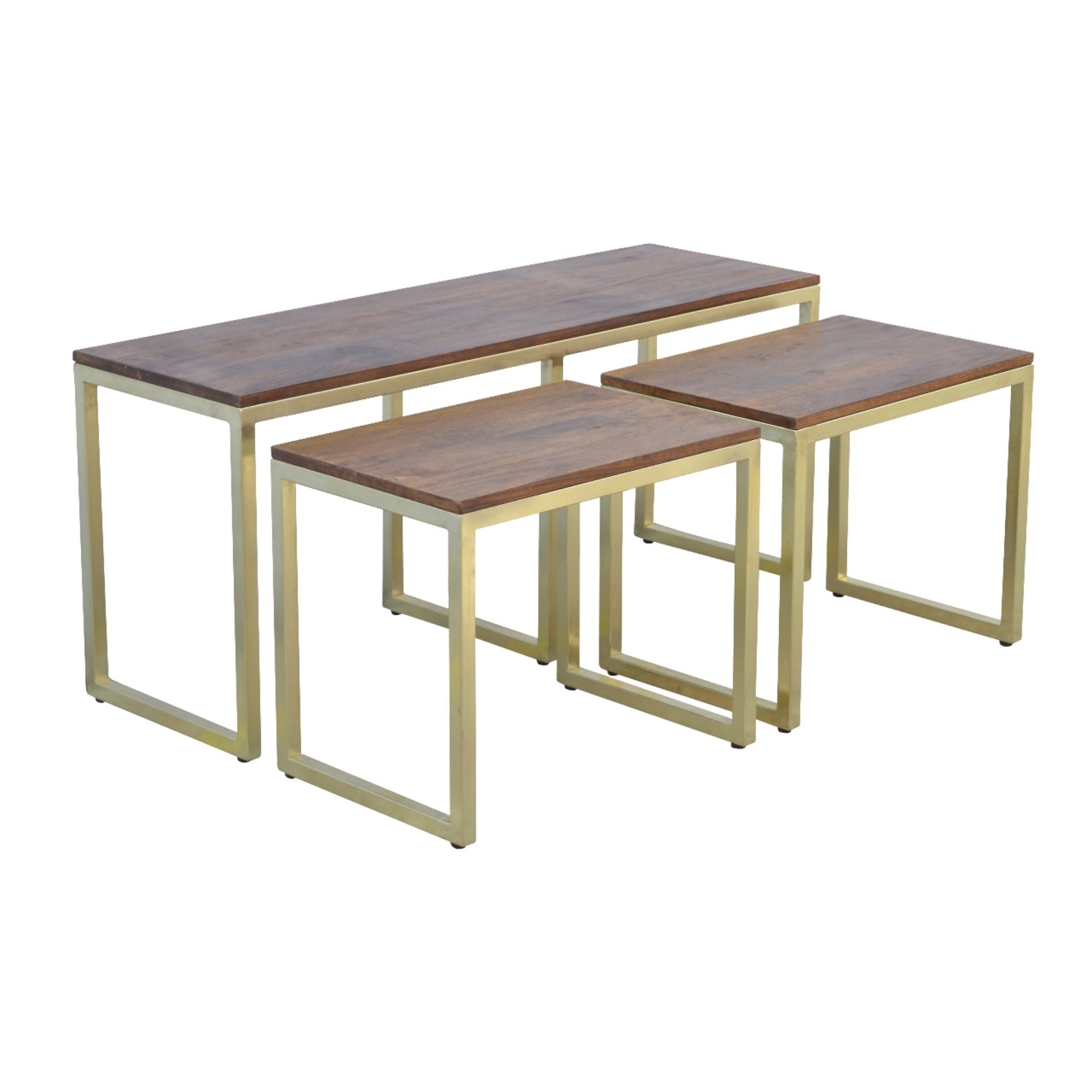Solid Wood Table Set of 3, Metal Chunky Gold, Solid Wood