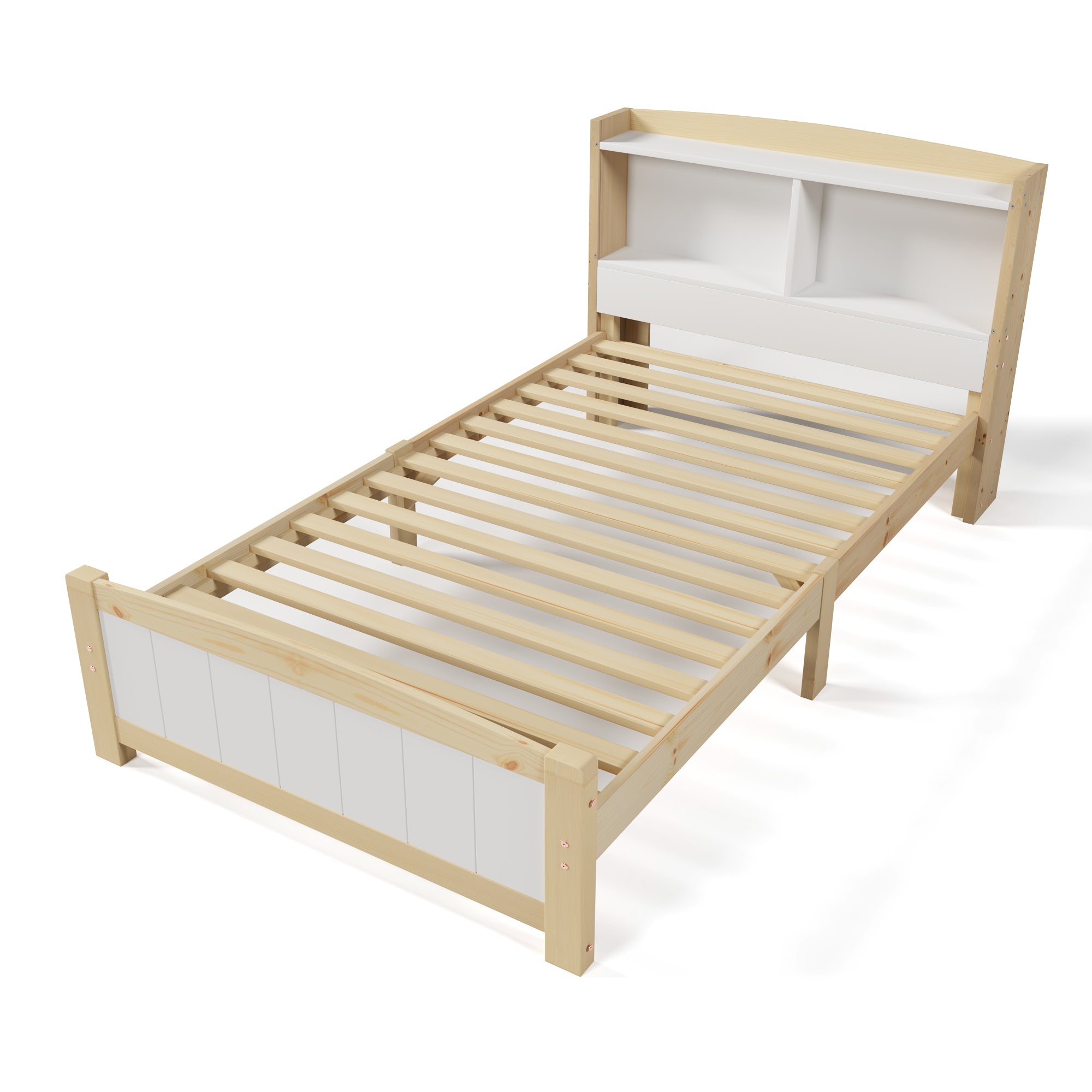 Single Bed with Storage Headboard, 90x200cm Solid Pine, Natural and White