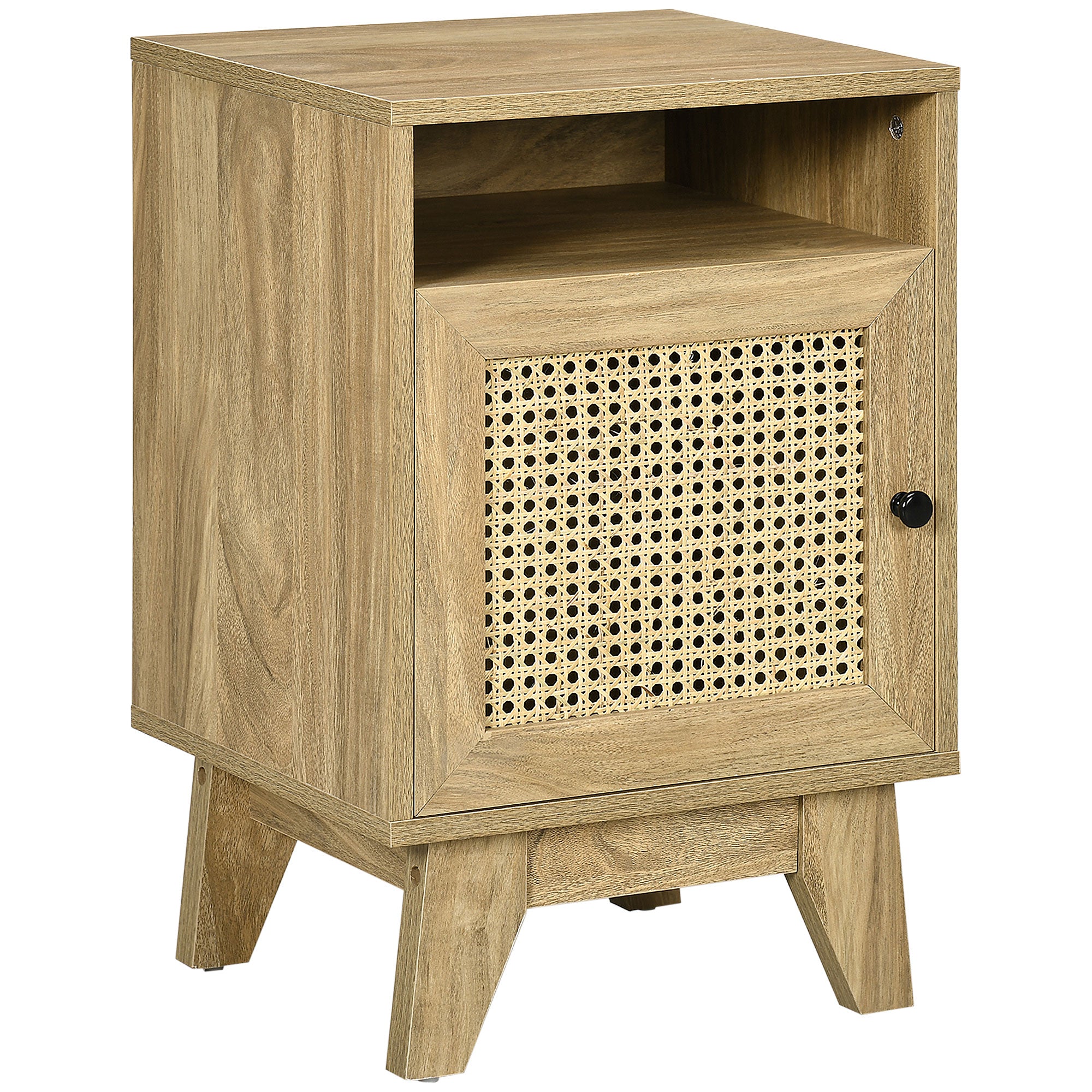 Narrow Rattan Nightstand, Side End Table with Shelf and Cupboard, Natural