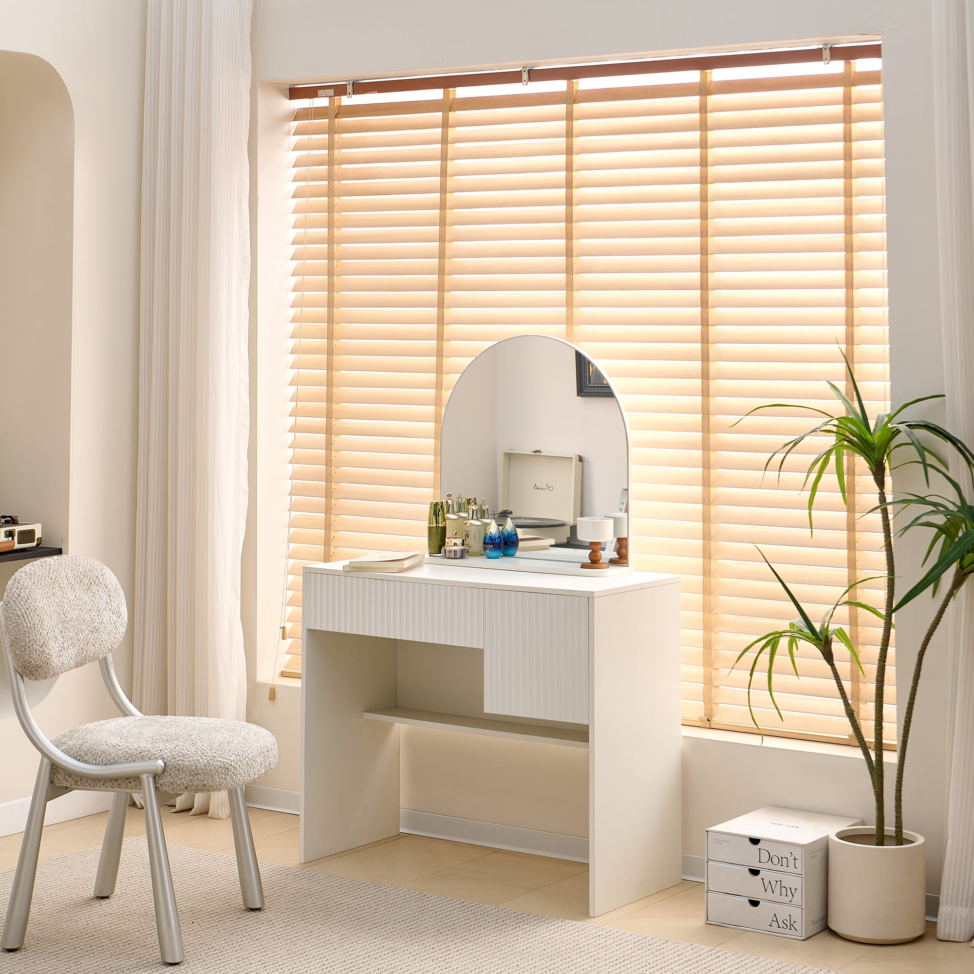 Dressing Table with Mirror, Drawers & Open Shelves - White