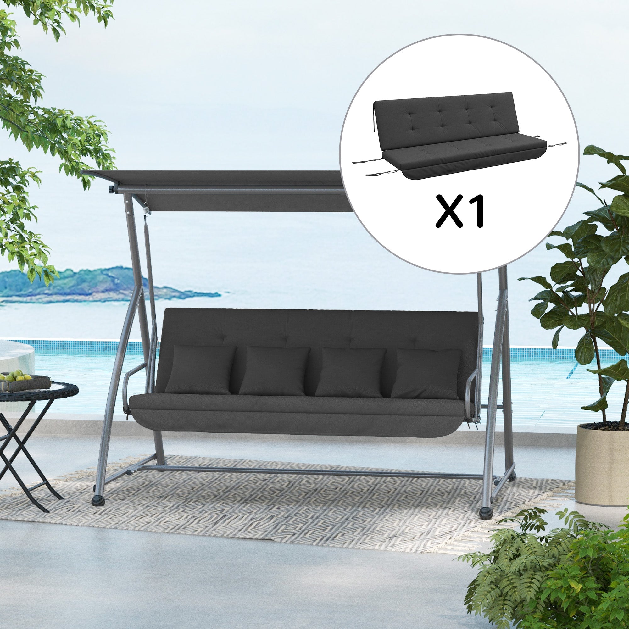 Cushion Set 170cm Hollywood Swing Chair & Back Cushions Weatherproof, Dark Grey