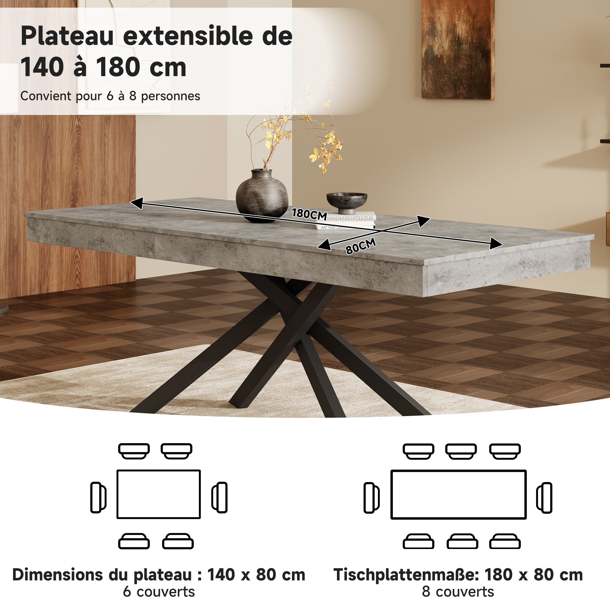 Extendable Dining Table 140/180x80cm 6-8 Person Rectangular Metal Legs Grey