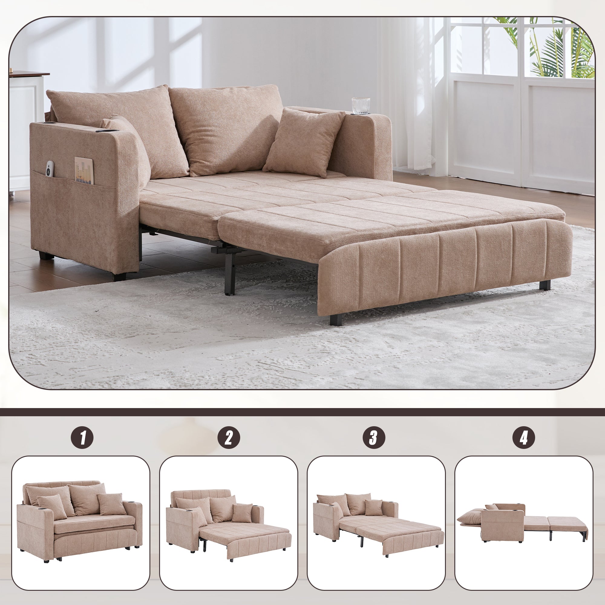 Multifunctional Sofa, Folding Pull-Out with Storage & USB, Fabric