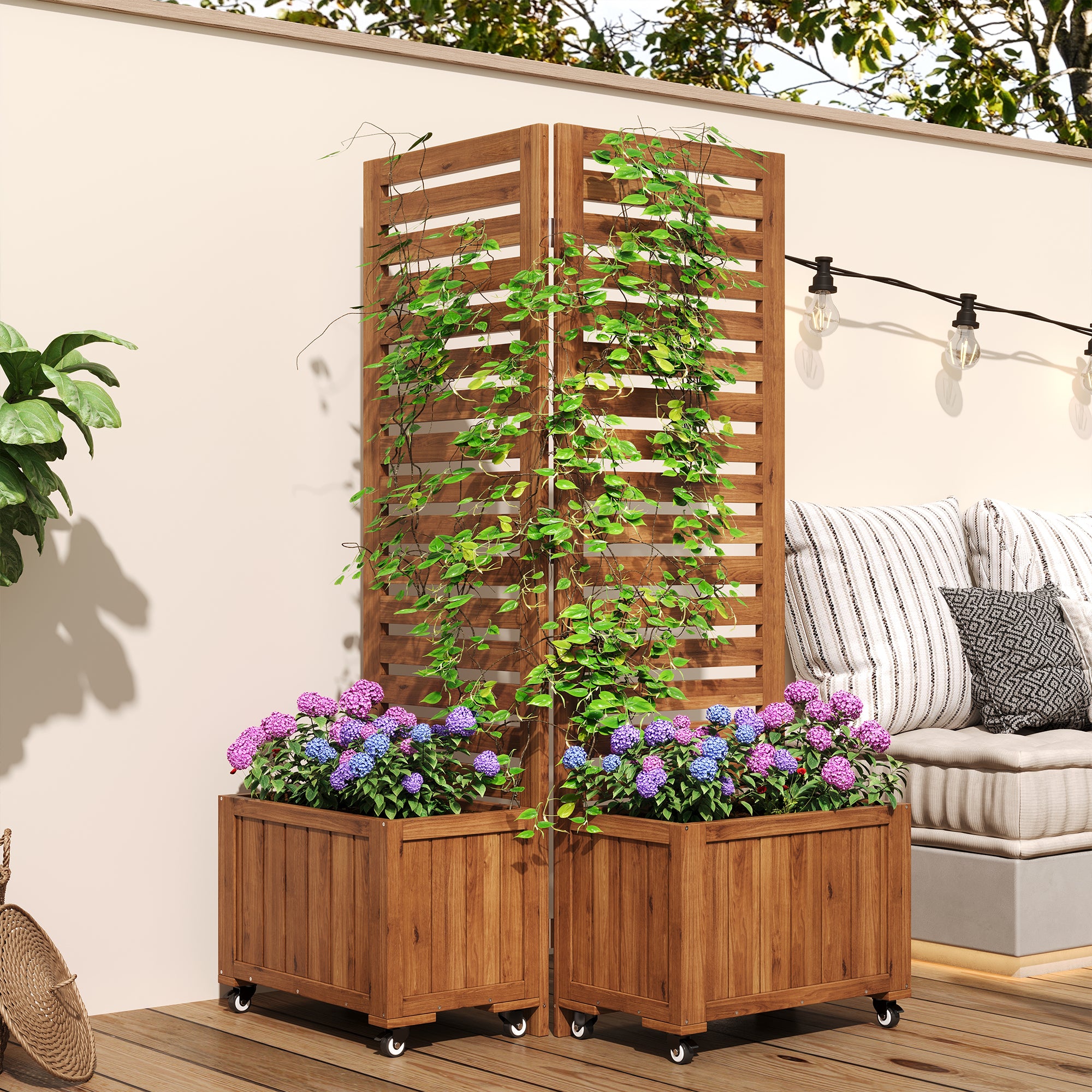 Plant Pot Planter Box with Trellis, Folding Wheels, Brown Solid Wood