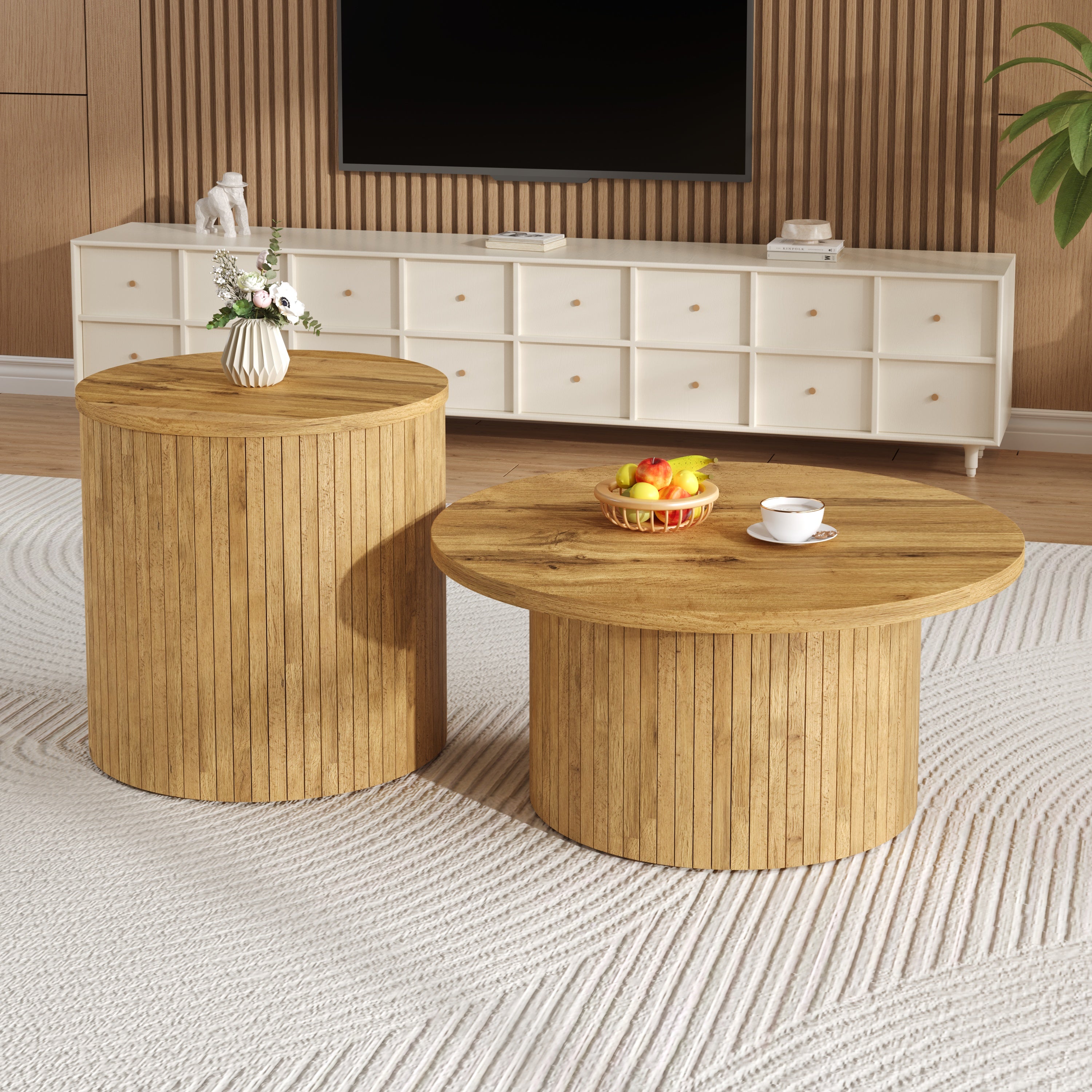 Coffee Table Double Round Slats Multifunctional - Natural Wood