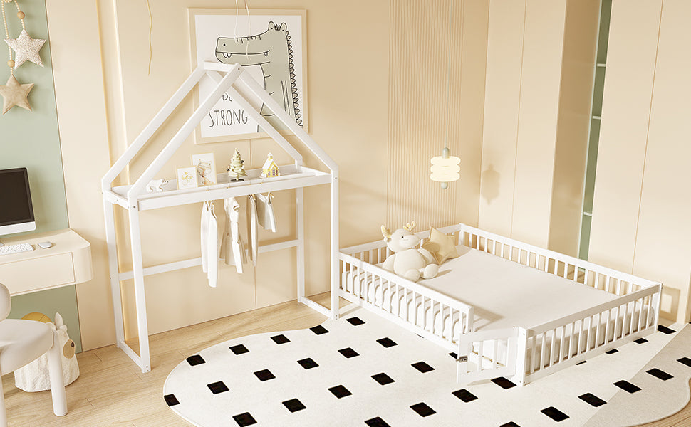 Children's Bed 140x200, Solid Wood Frame with Storage & Safety Gate, White