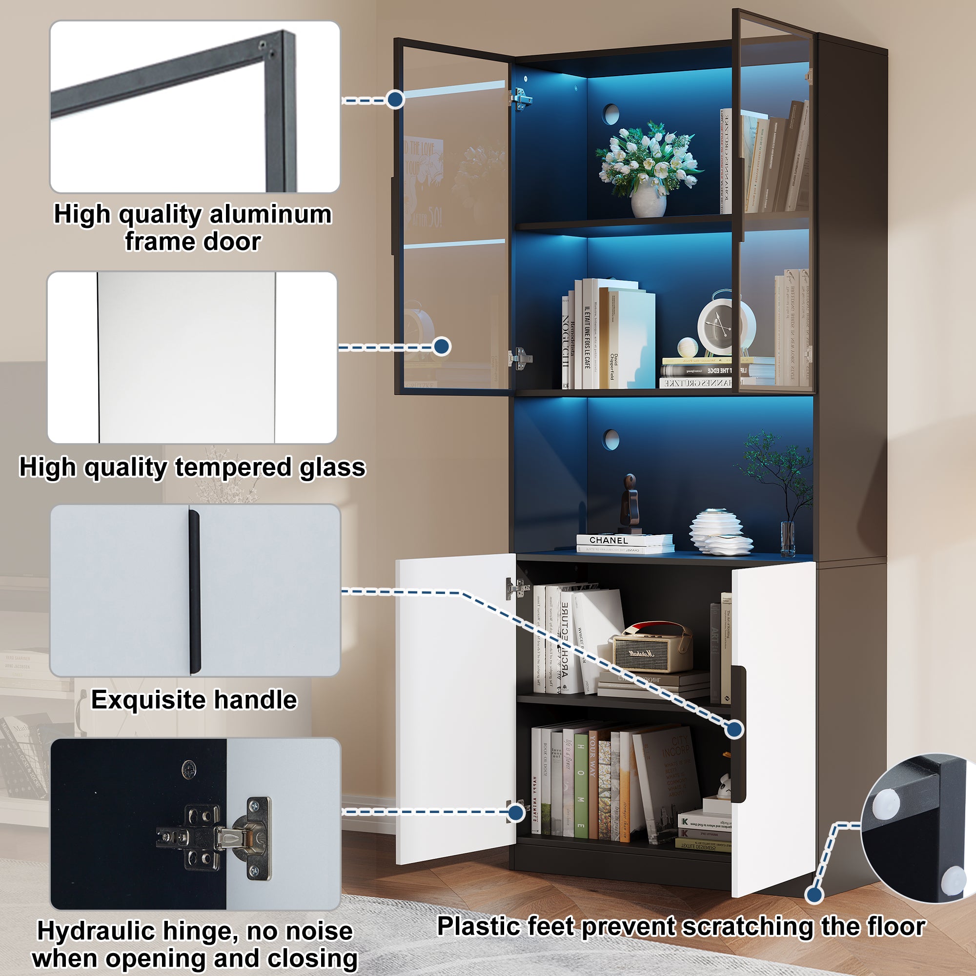 Display Cabinet, Minimalist LED Glass Doors, White with Black Decoration