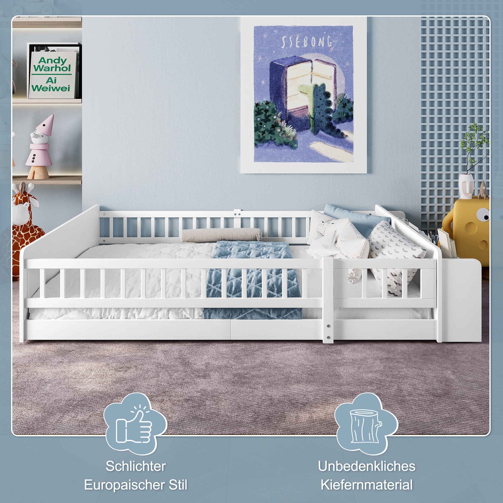 Wooden Children's Bed 140x200cm Open Storage Shelves Pine Wood - White