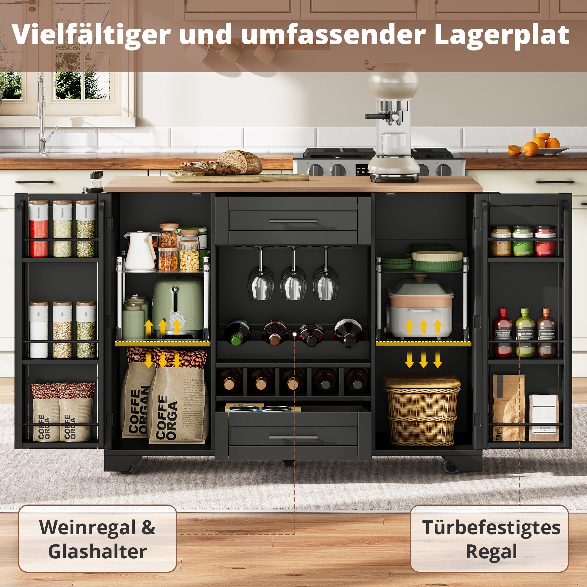 Kitchen Island Cart Folding Worktop Wine Rack Storage - Black