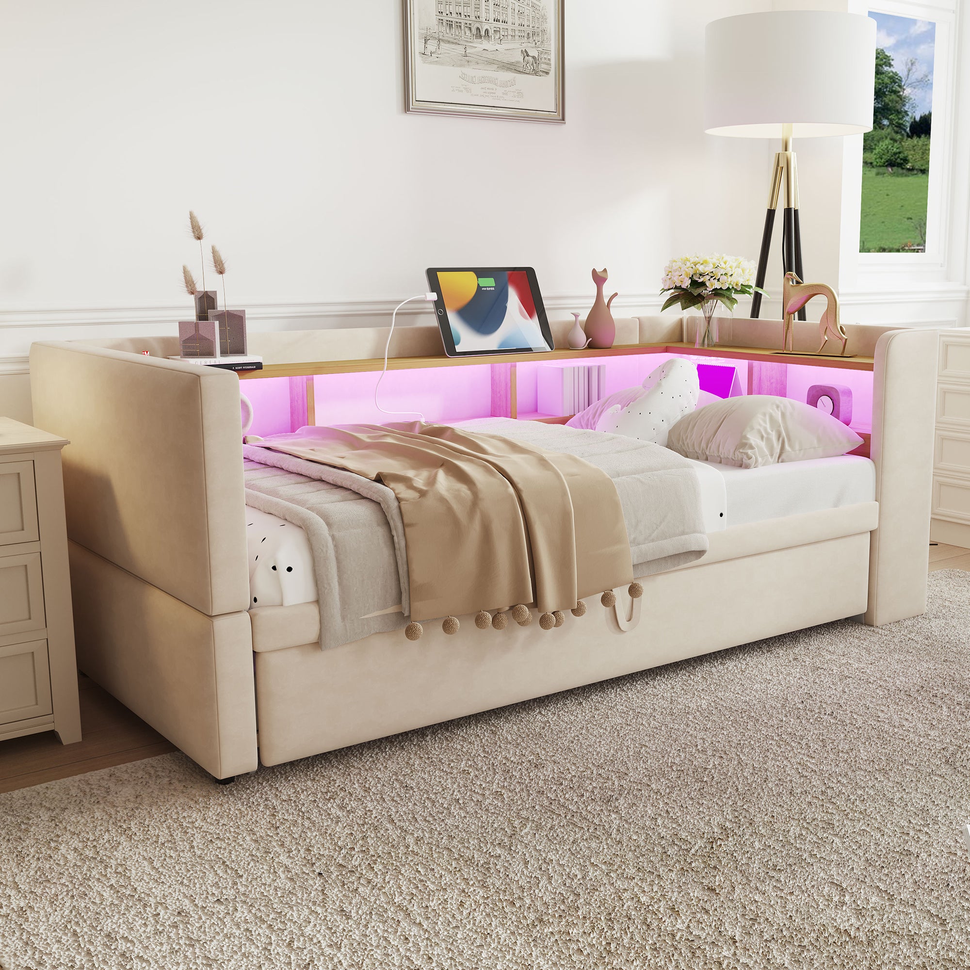 Upholstered Bed, Pull-Out Sofa Bed 90/180*190cm with LED Lights, Sockets & Storage - Beige