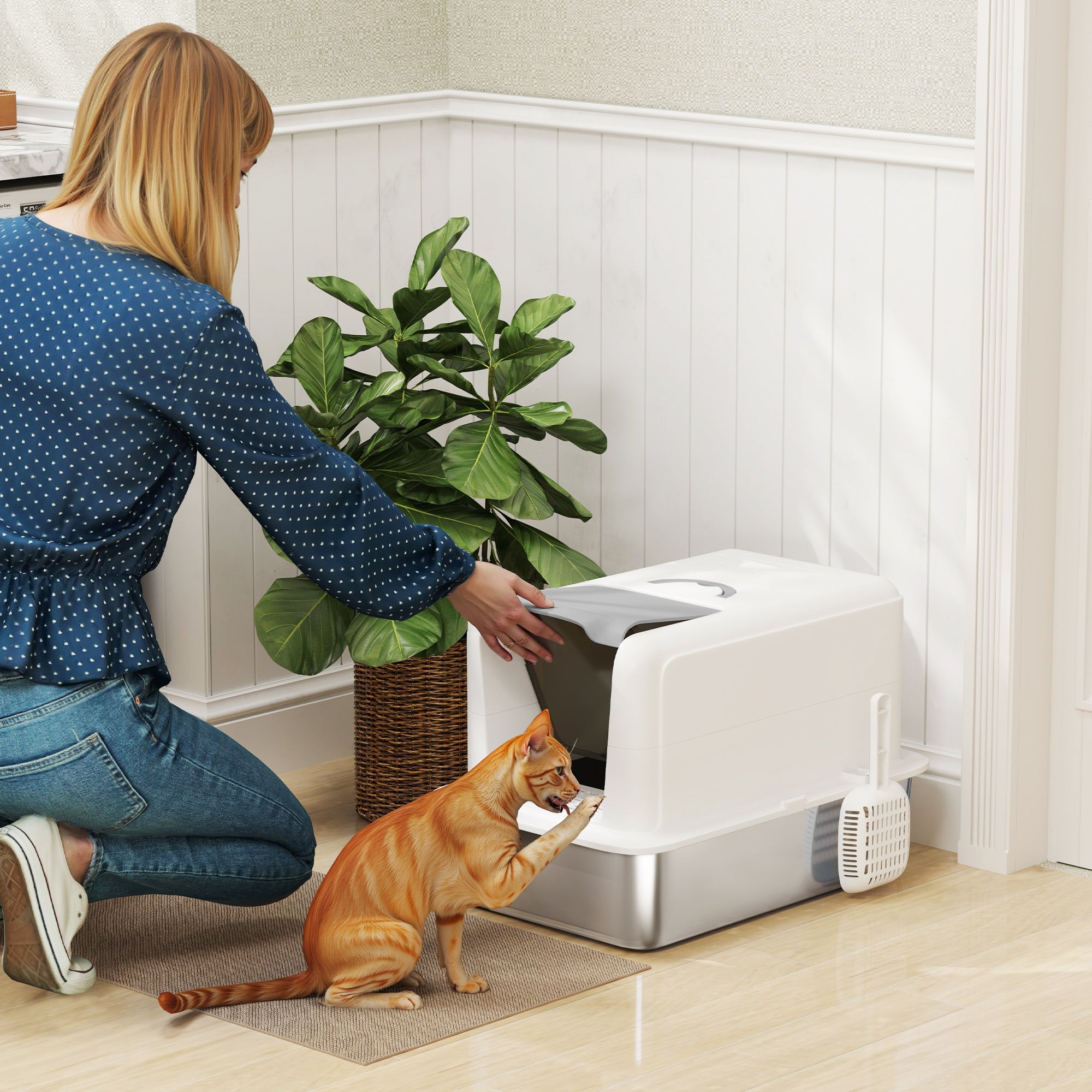 Cat Litter Box with Lid, Built-in Filter, Stainless Steel, White