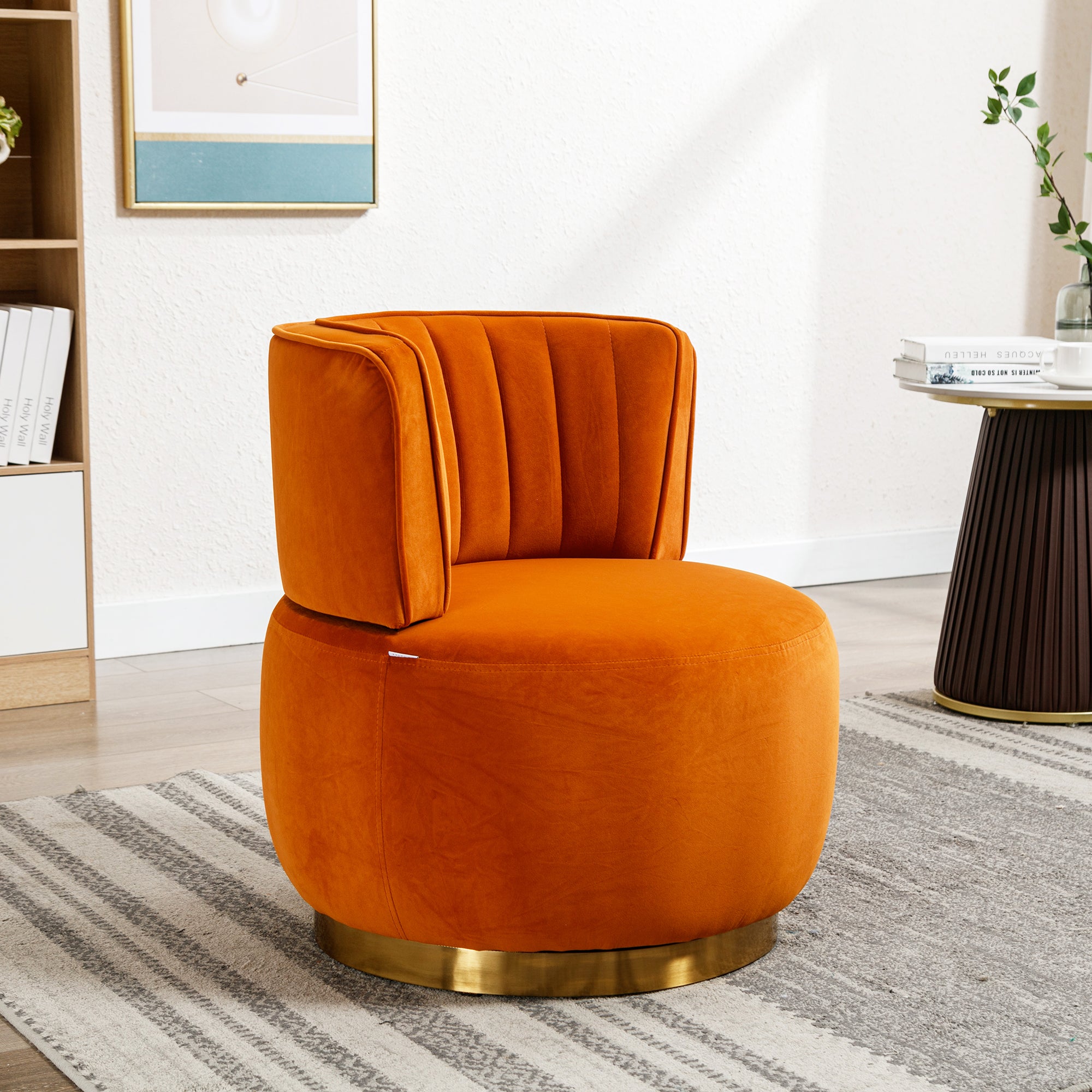 Swivel Barrel Chair 360° Round Comfortable, Orange Velvet