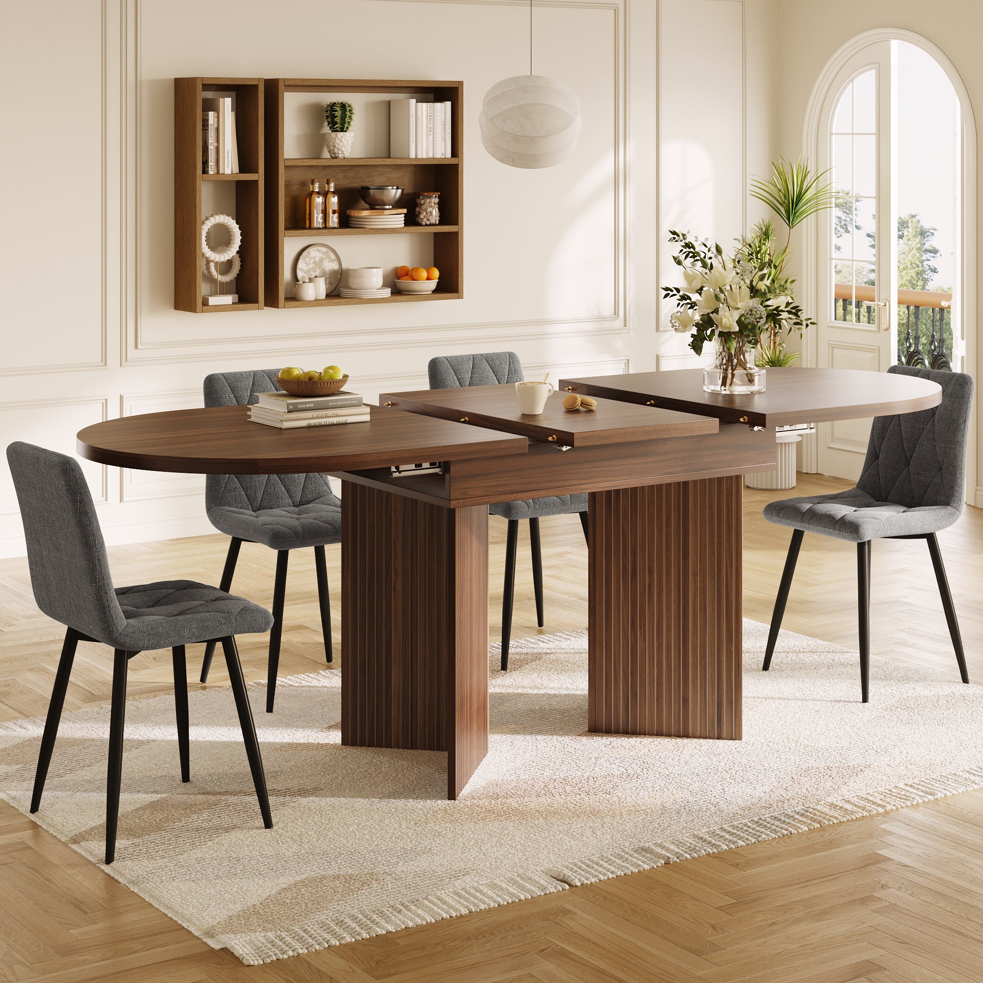 Extendable Dining Table with Internal Extension Leaves, 120-160 cm, Walnut Wood Finish