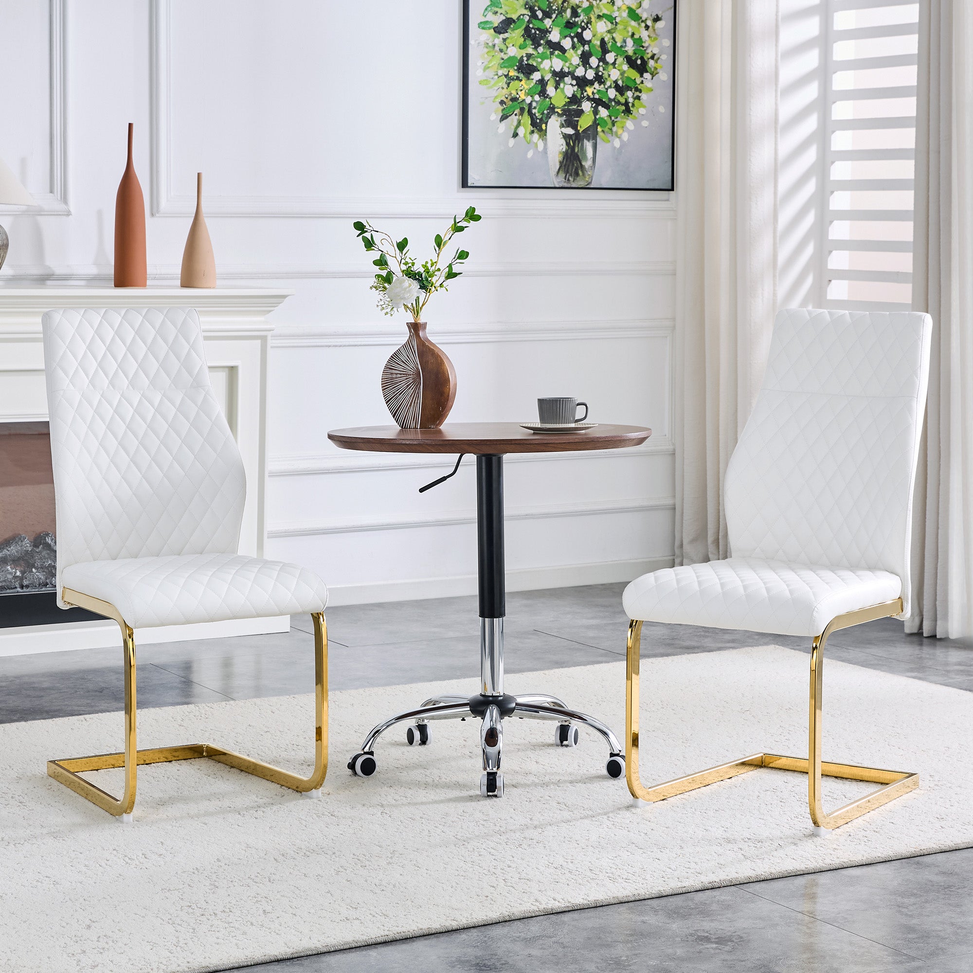 Dining Chair Set of 2, High Backrest and Padded Cushion with Diamond Pattern, White and Gold Metal