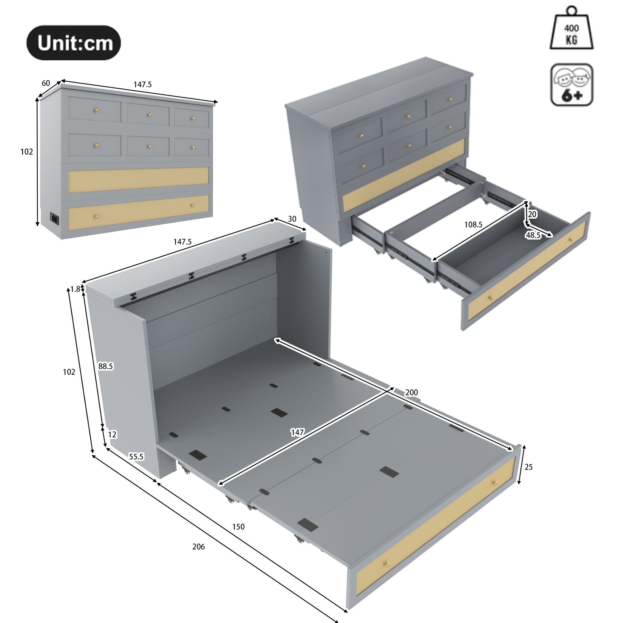 Wall Bed 140x200cm Mobile Convertible Storage Drawers Shelf USB/Power Outlet - Grey