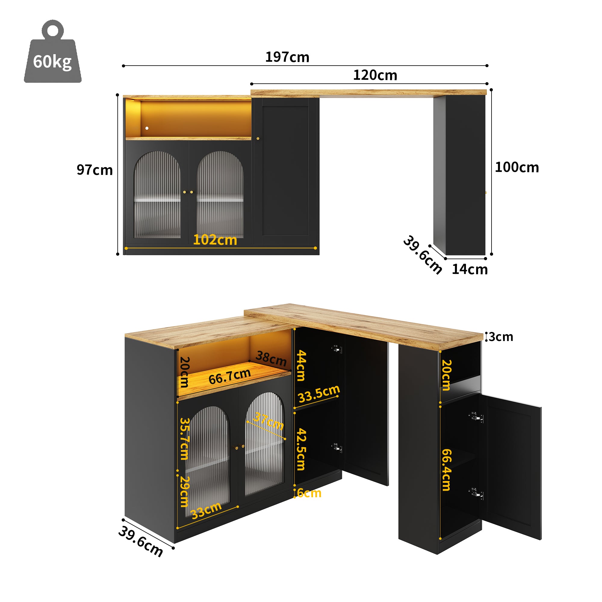 Bar Table, 360° Rotating with LED Light, Matte Black