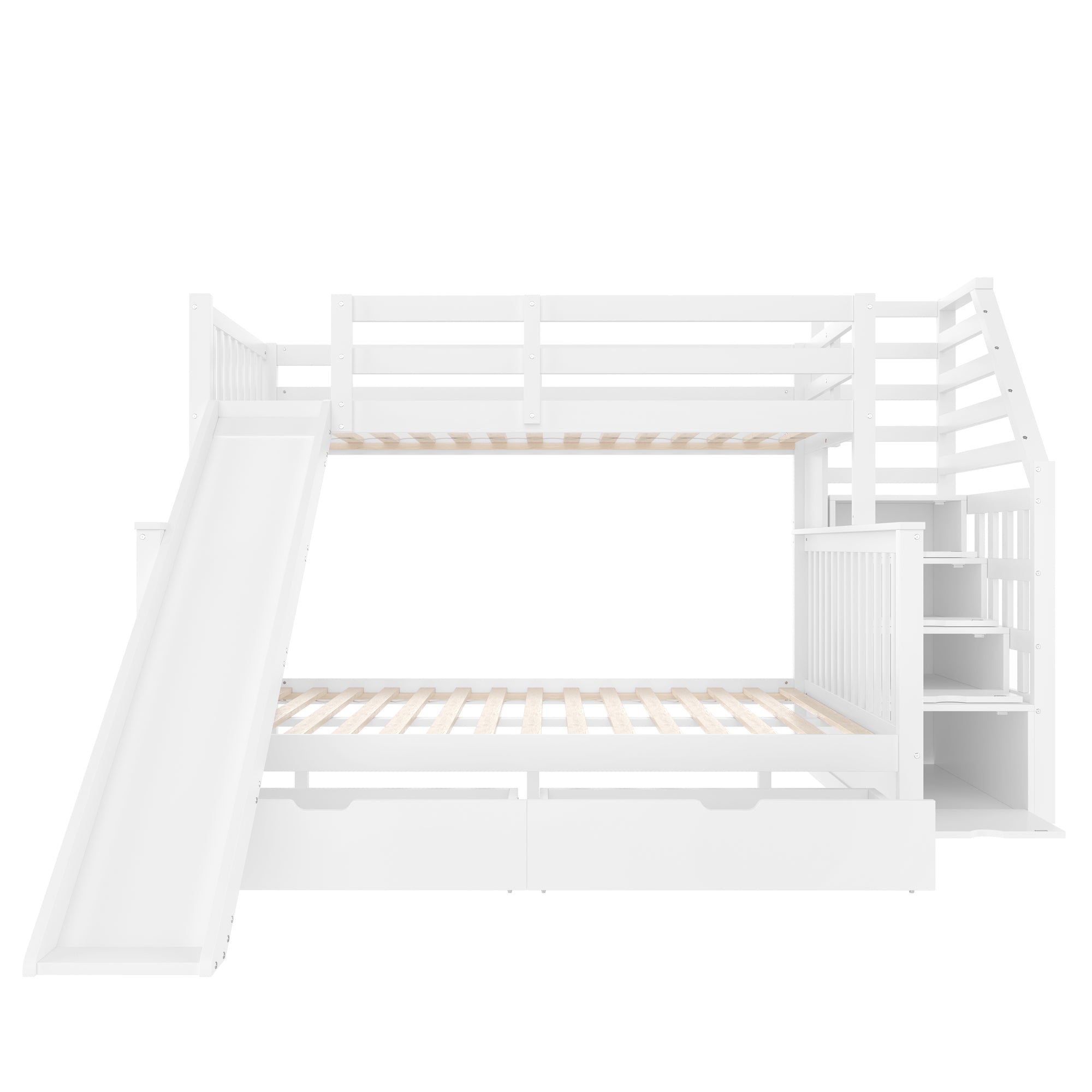 Bunk Bed 90x200 over 140x200 with Drawers, Storage, Slide, Multifunctional, White