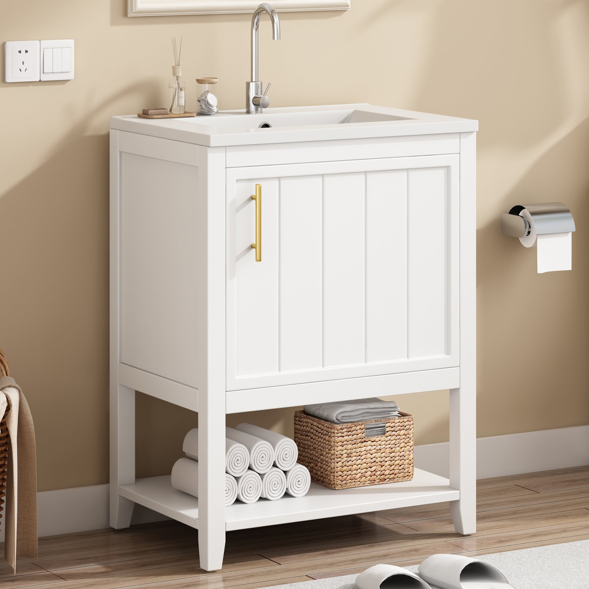 Bathroom Vanity Unit 60cm with Ceramic Washbasin & Shelf, White