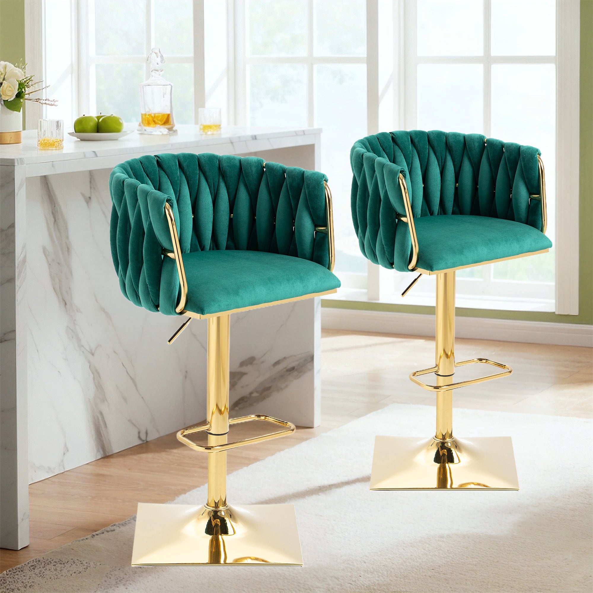 Velvet Bar Stools, Adjustable Swivel with Footrest, Emerald (Set of 2)