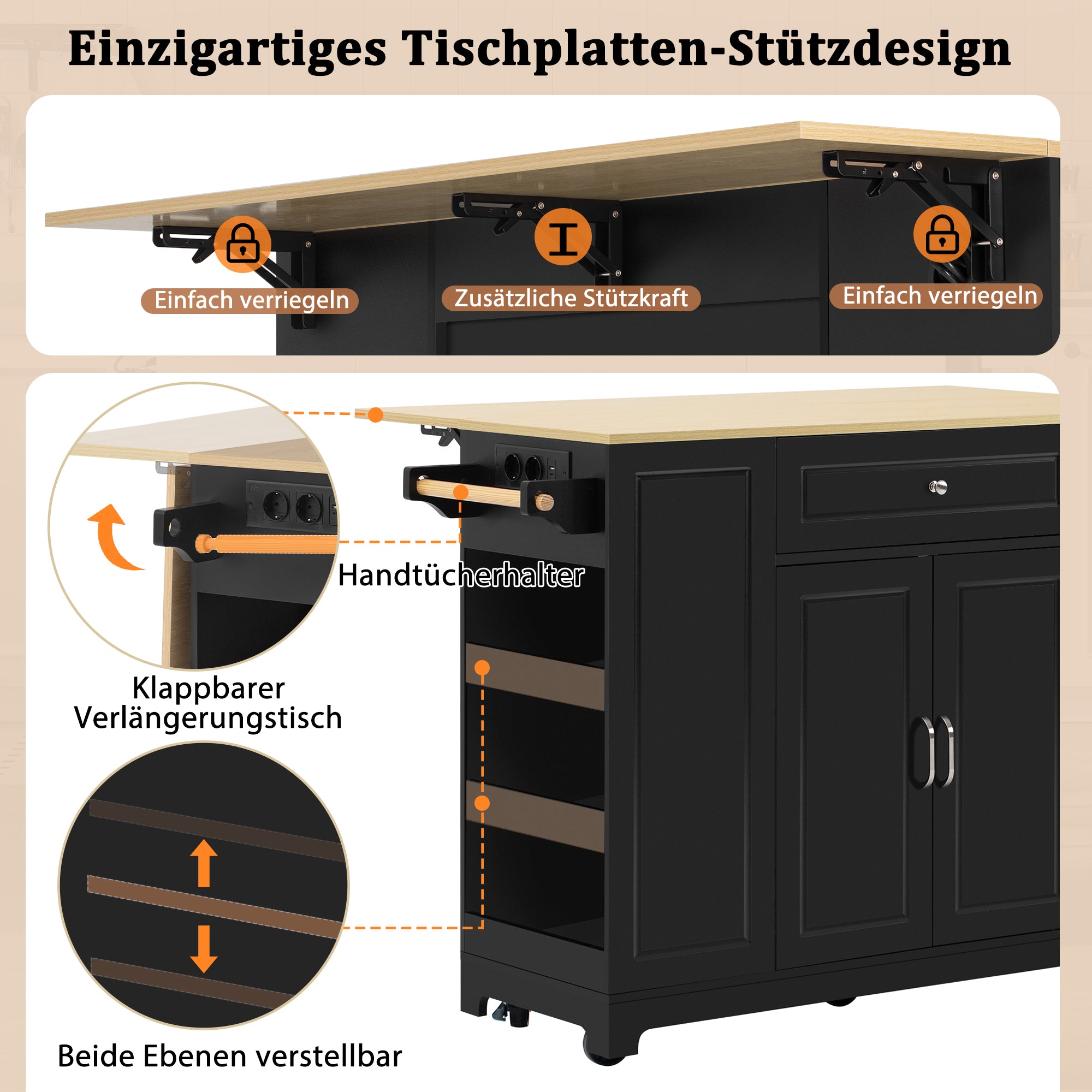 Mobile Kitchen Island Extendable Dining Area Drawers Waste Bin - Black