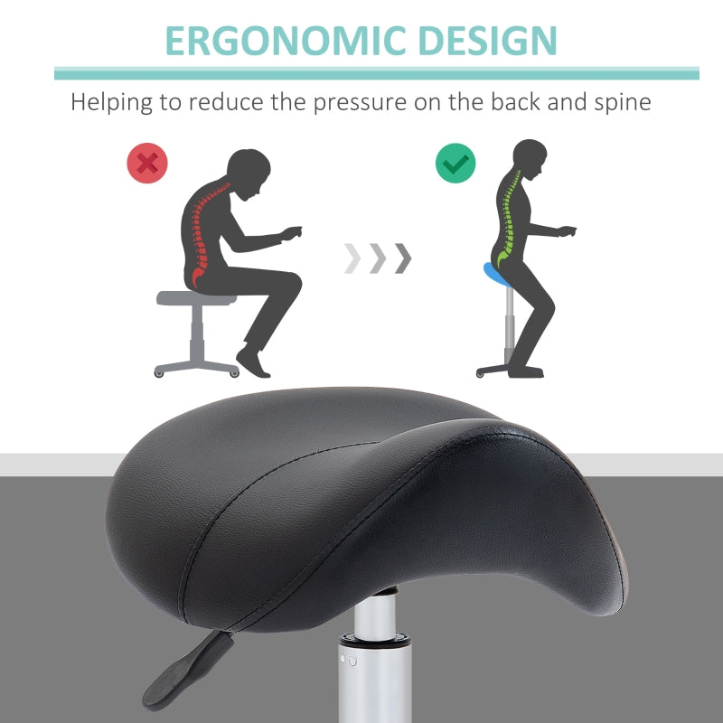 Cosmetic Stool 360° Rotate Hydraulic Height Adjustable Rolling Saddle Faux Leather, Black