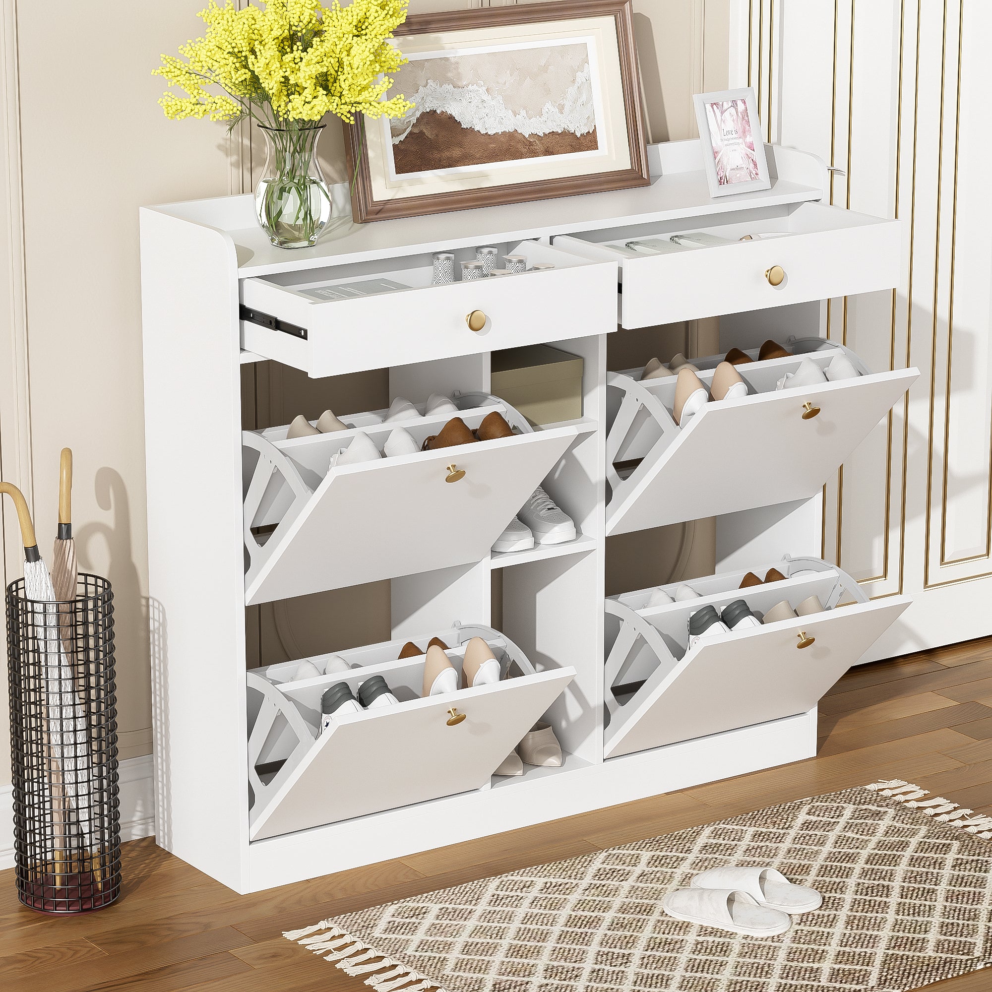 Shoe Cabinet with 4 Hinged Doors, 2 Drawers, 3 Open Compartments, White