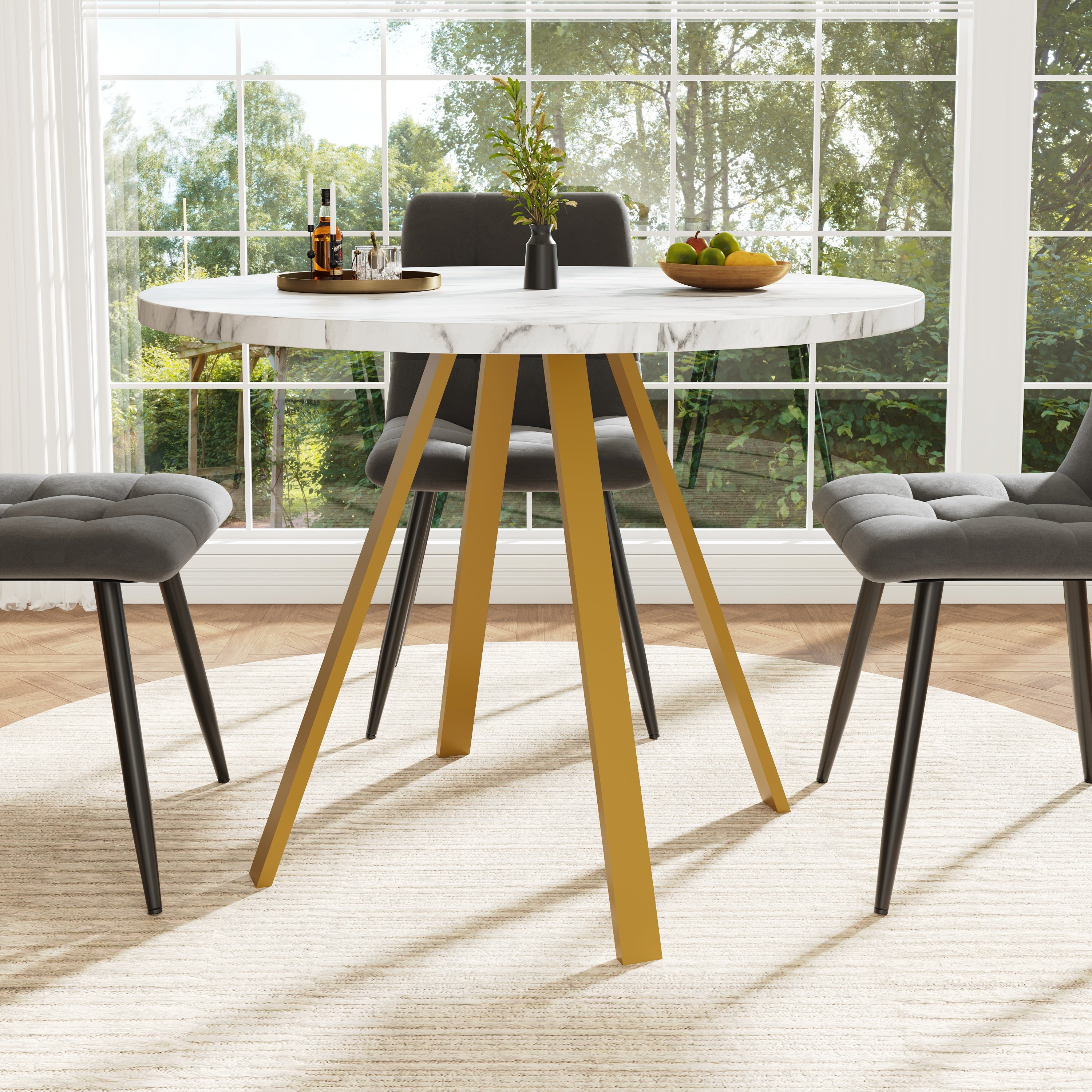 Dining Table Set 5-Piece Round 80x80x75 cm 4 Velvet Chairs, White Marble/Grey