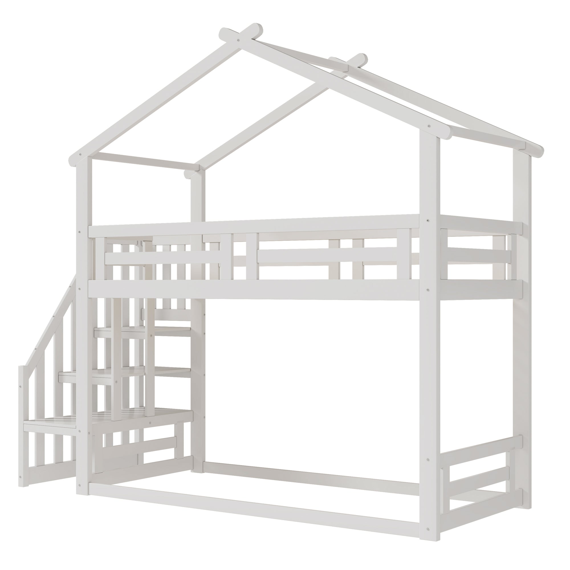 Children's Bed 90x200cm, Low Bunk Bed with Safety Stairs, Solid Wood, White