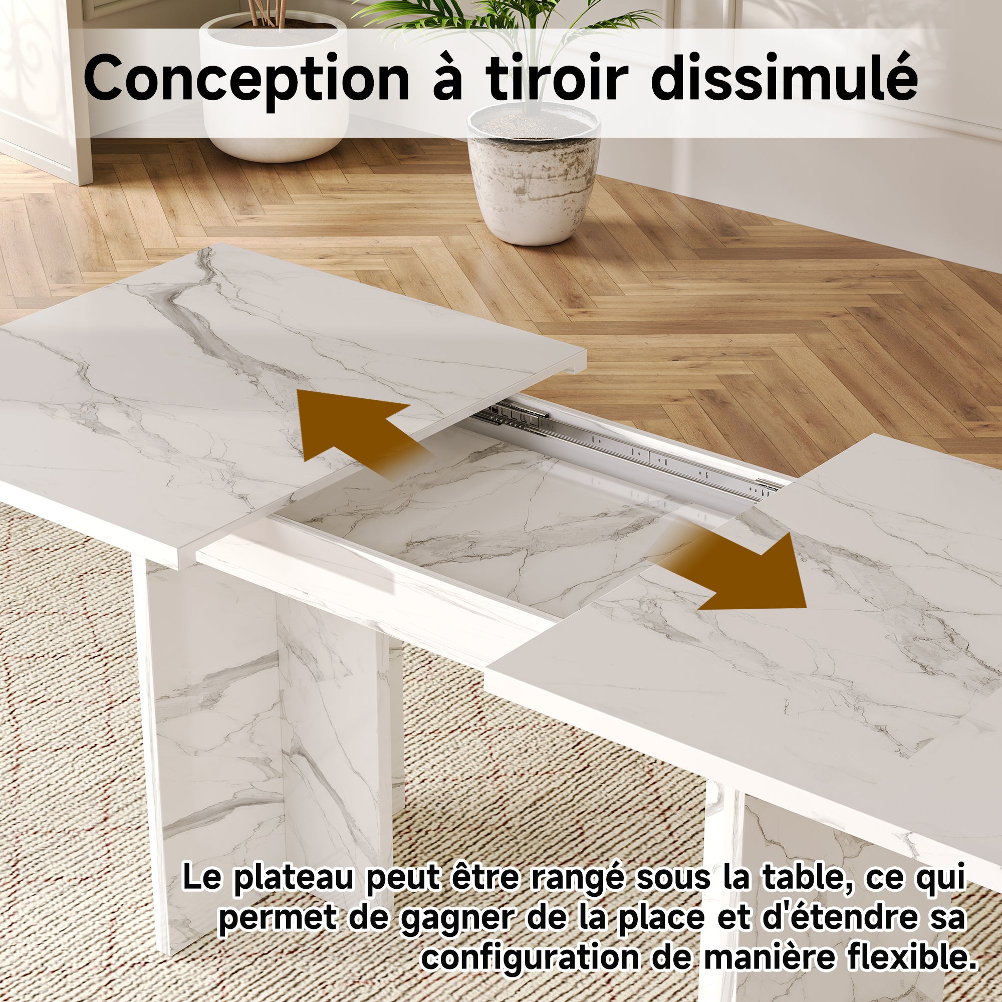 Extendable Dining Table 140/180x80cm Rectangular 6-8 Seater - White Marble