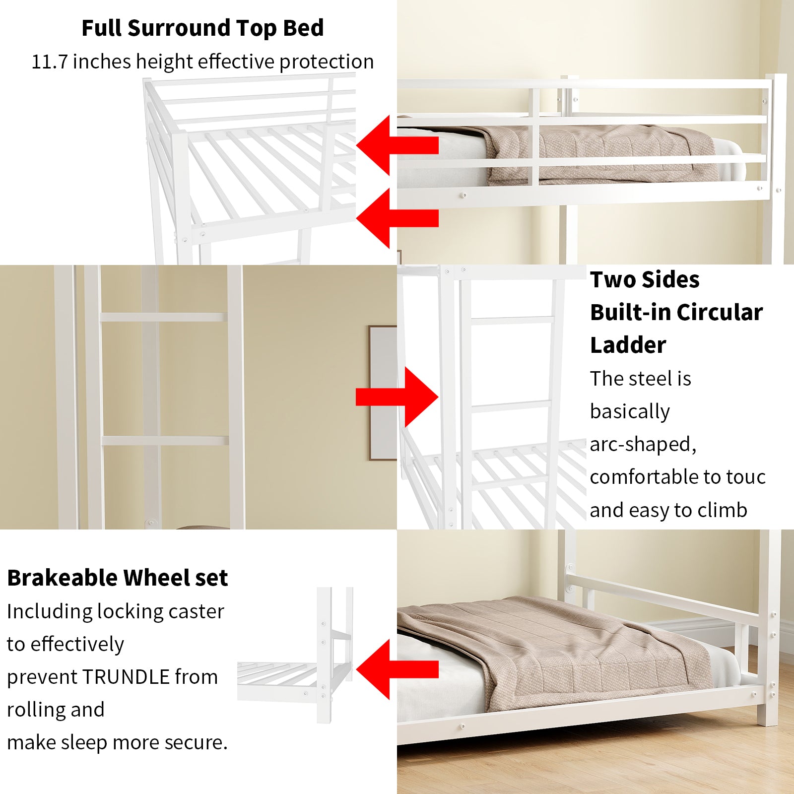 Metal Bunk Bed Twin Over Twin Sturdy Safety Railing - Metal