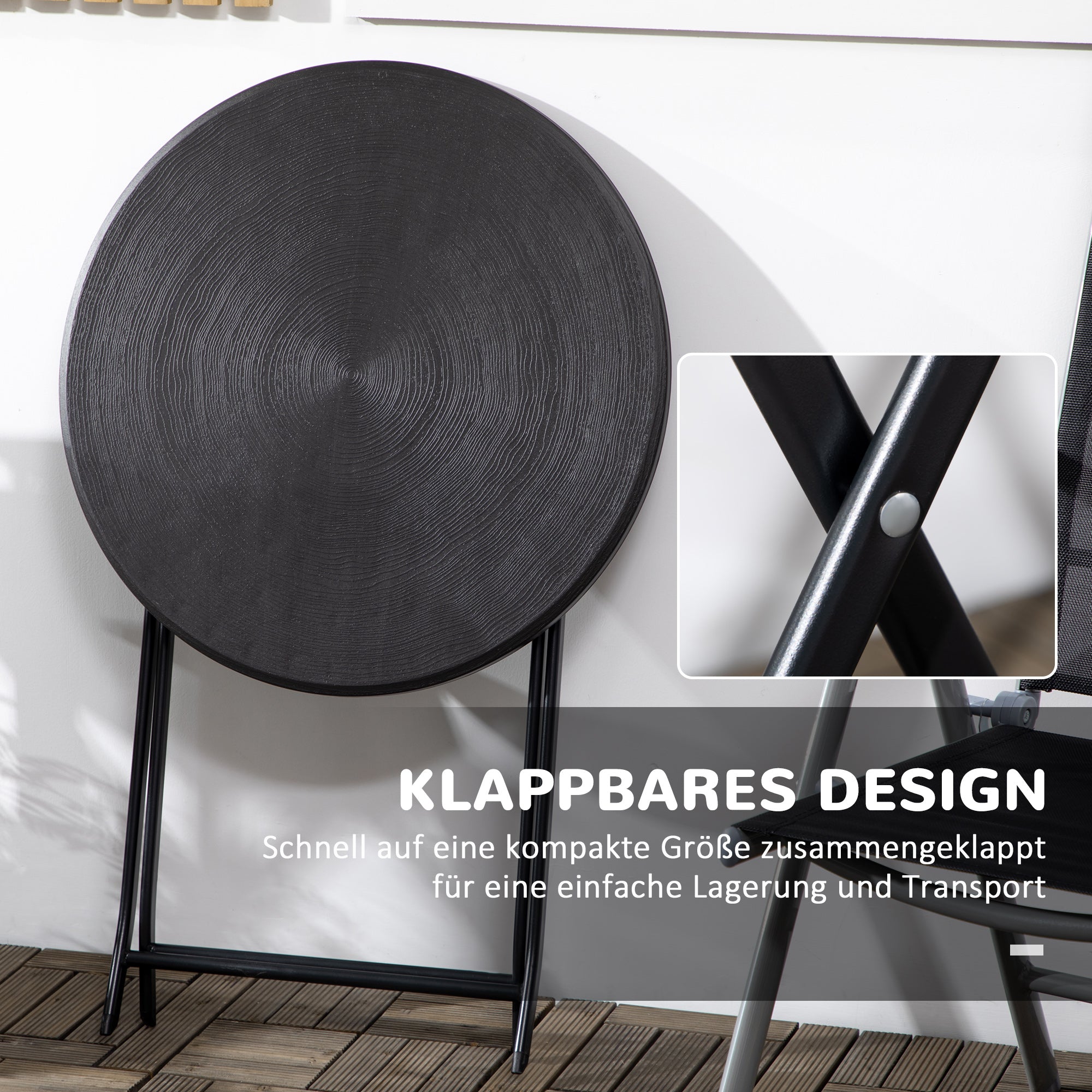 Round Folding Table, Ø60cm Garden Dining, Dark Grey Wood Look