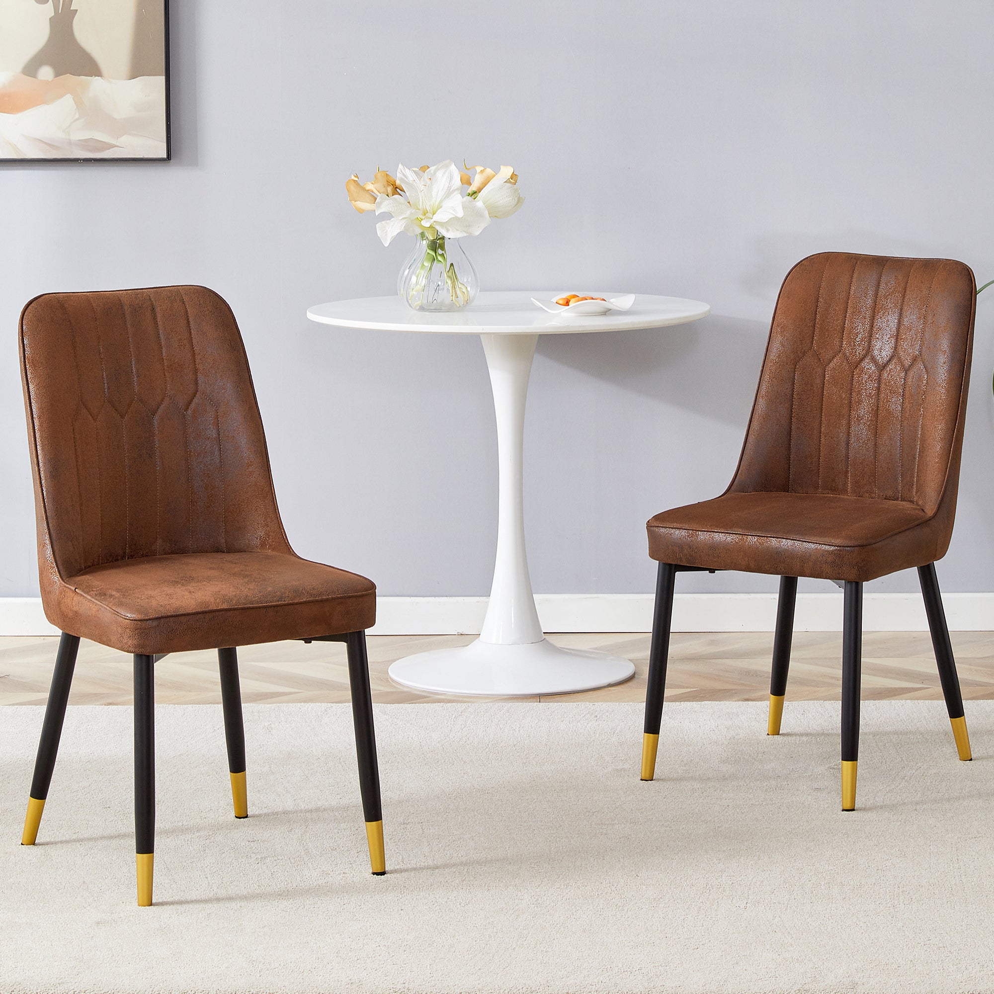 Set of 2 Dining Chairs, Modern with Black Metal Legs, Brown Tech Fabric