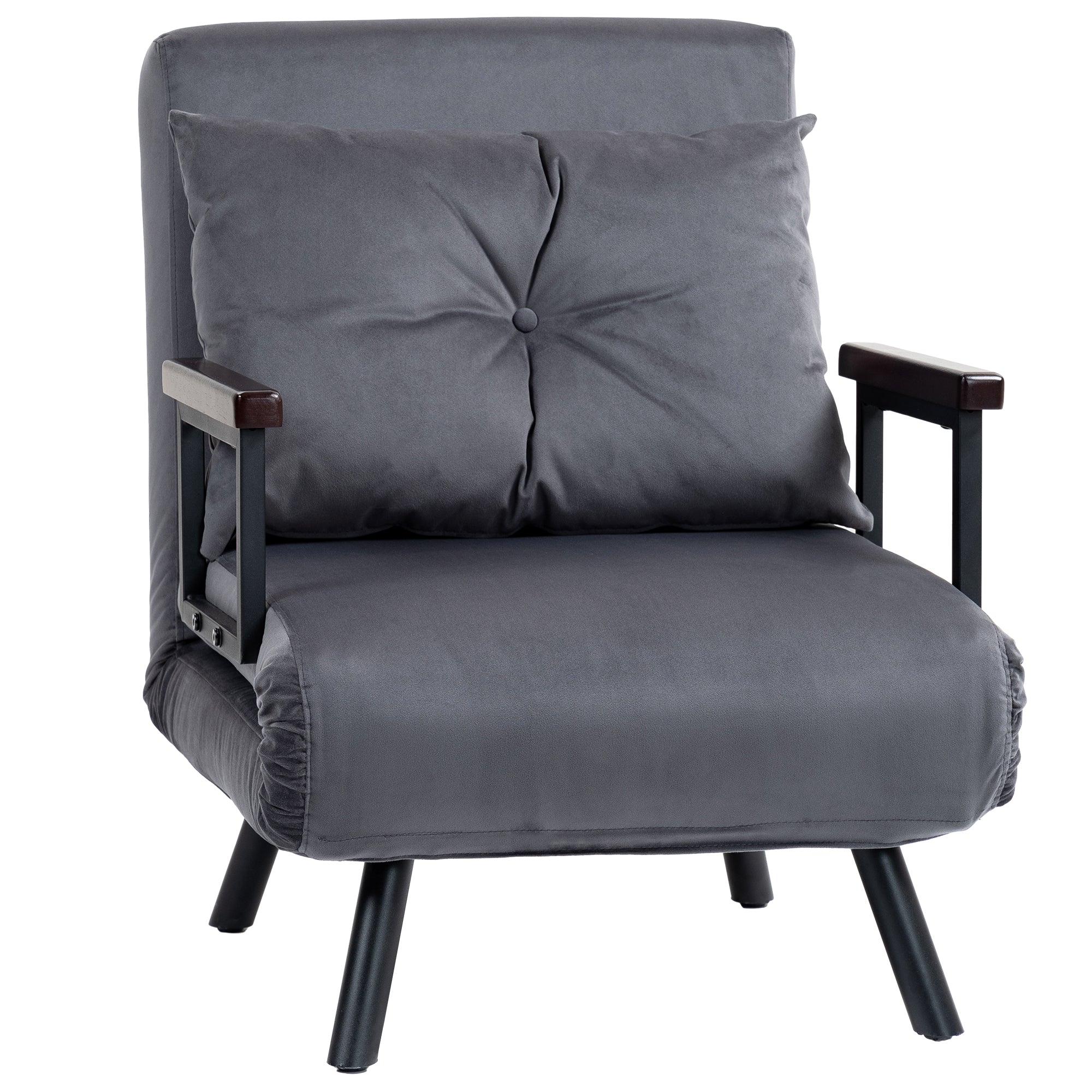 Single Chair Bed, 4-in-1 Convertible with Pillow, Velvet-Feel Charcoal Grey