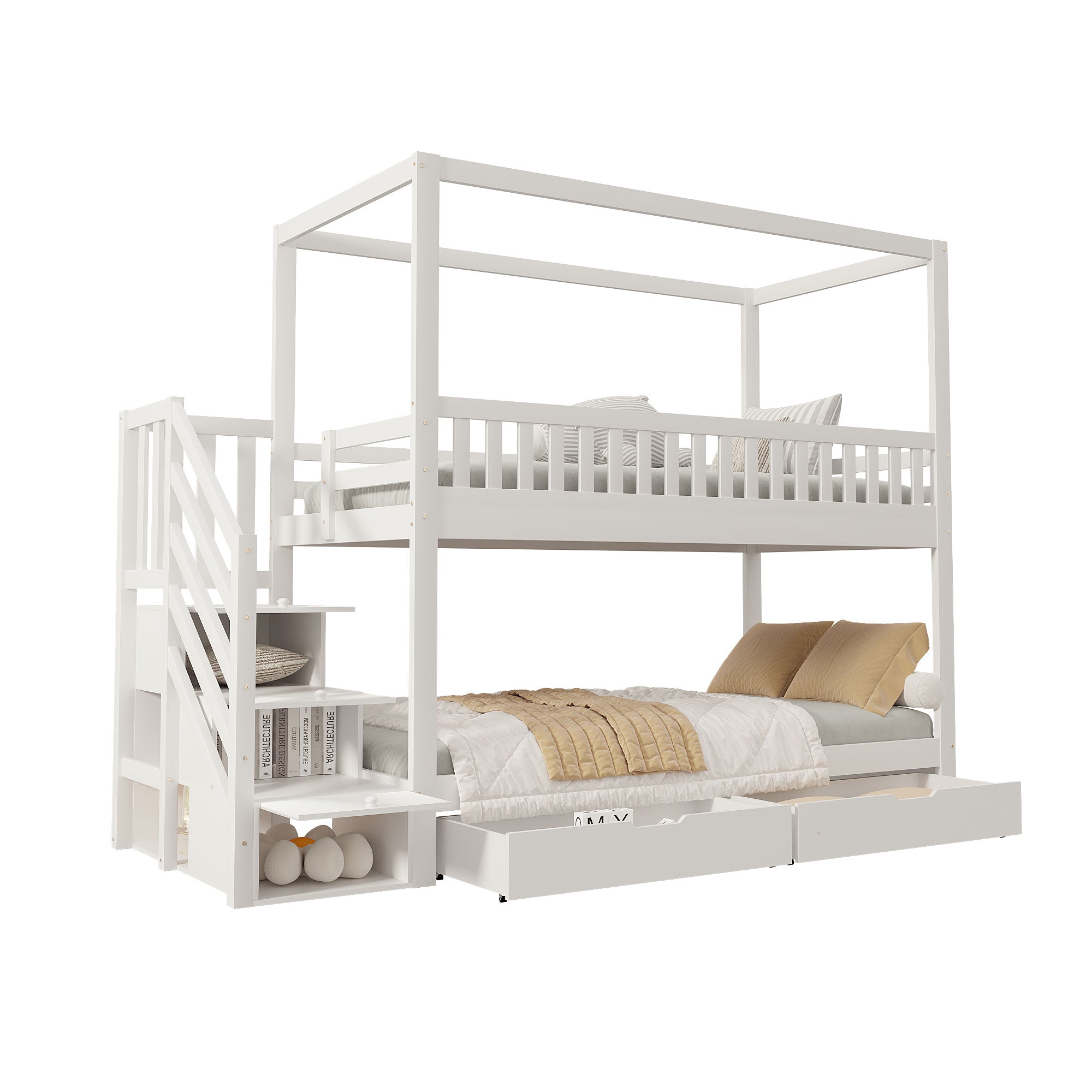 Bunk Bed, House-Shaped, Safety Railing, Storage, Solid Wood White