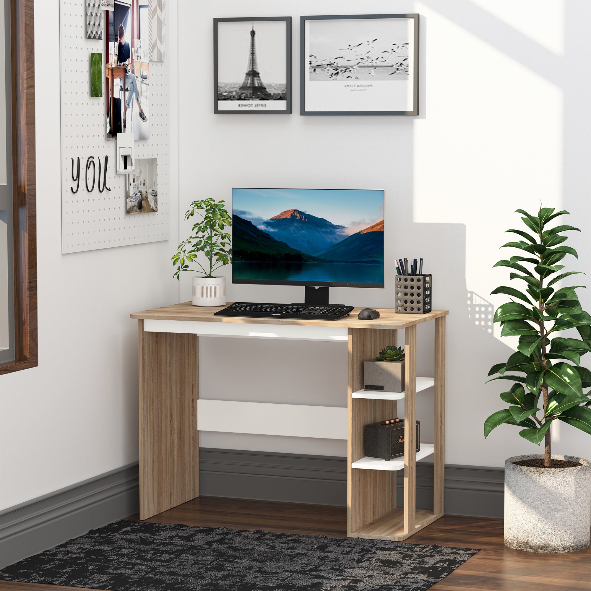 Computer Desk Writing Desk with 3-Tier Storage Shelf, Oak and White