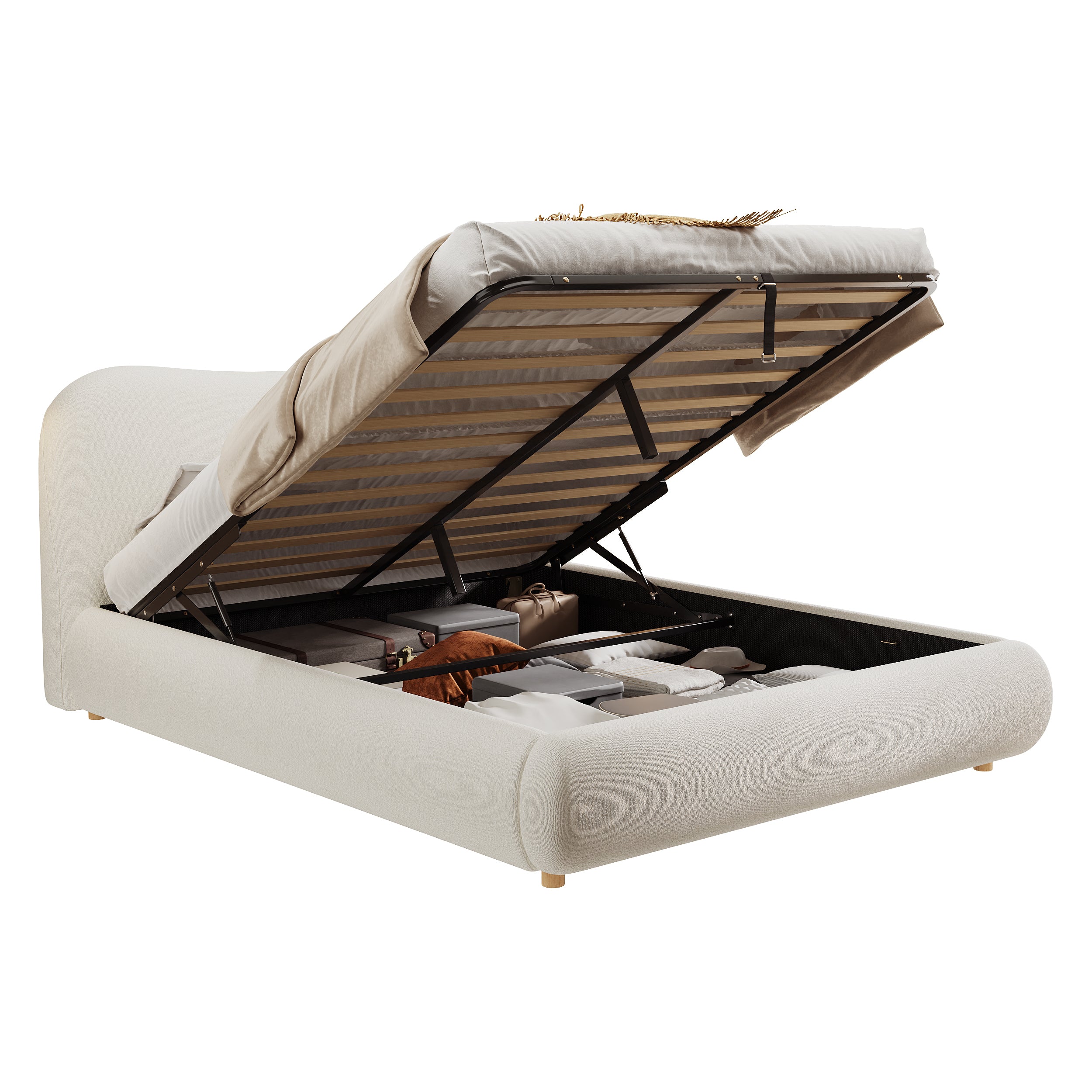 Ottoman Storage Bed Frame, 4ft6 Double with Curved Headboard, Boucle Fabric, Warm White