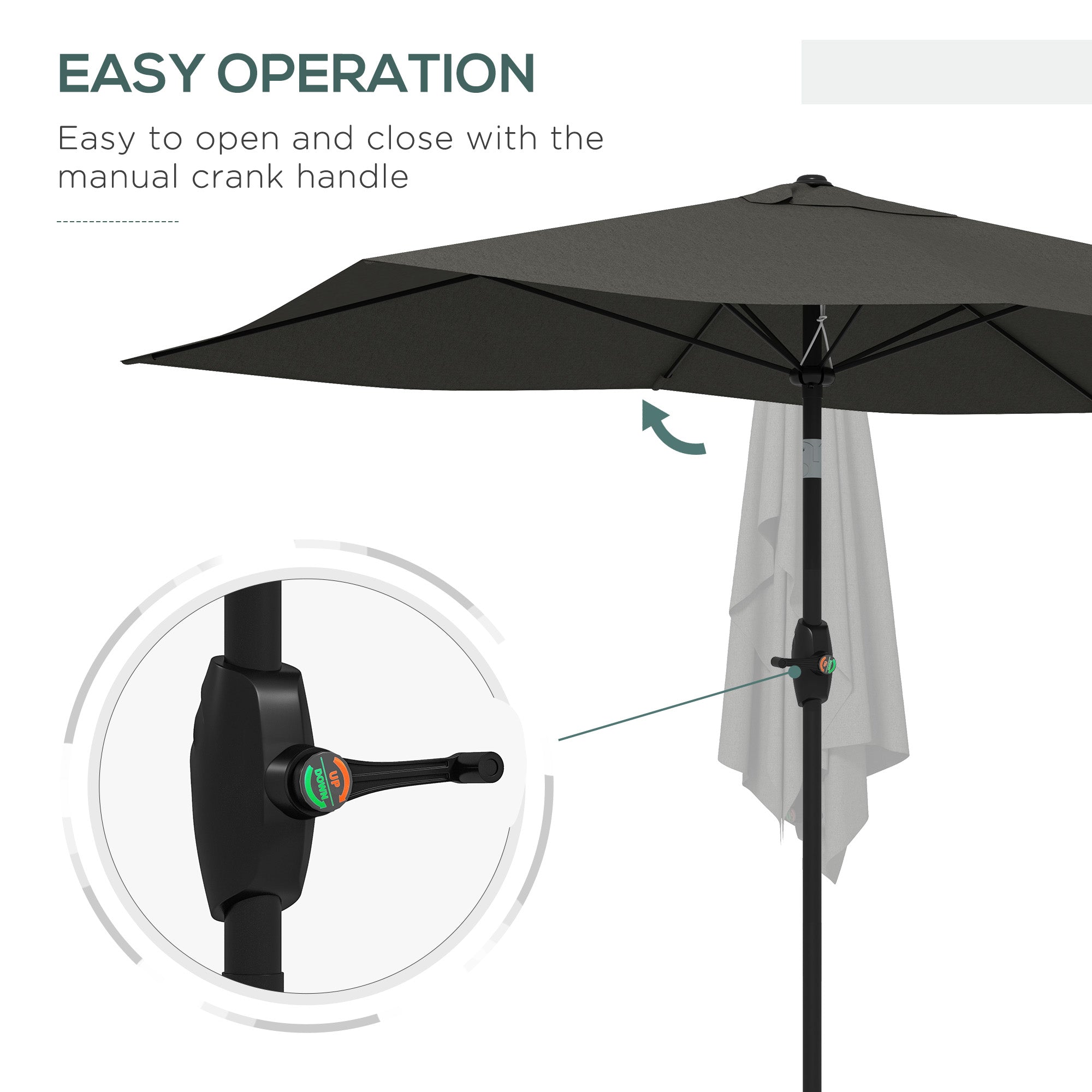 Garden Parasol Umbrella, 2x3m Rectangular Outdoor Sun Shade with Crank Tilt, Dark Grey Aluminium Pole