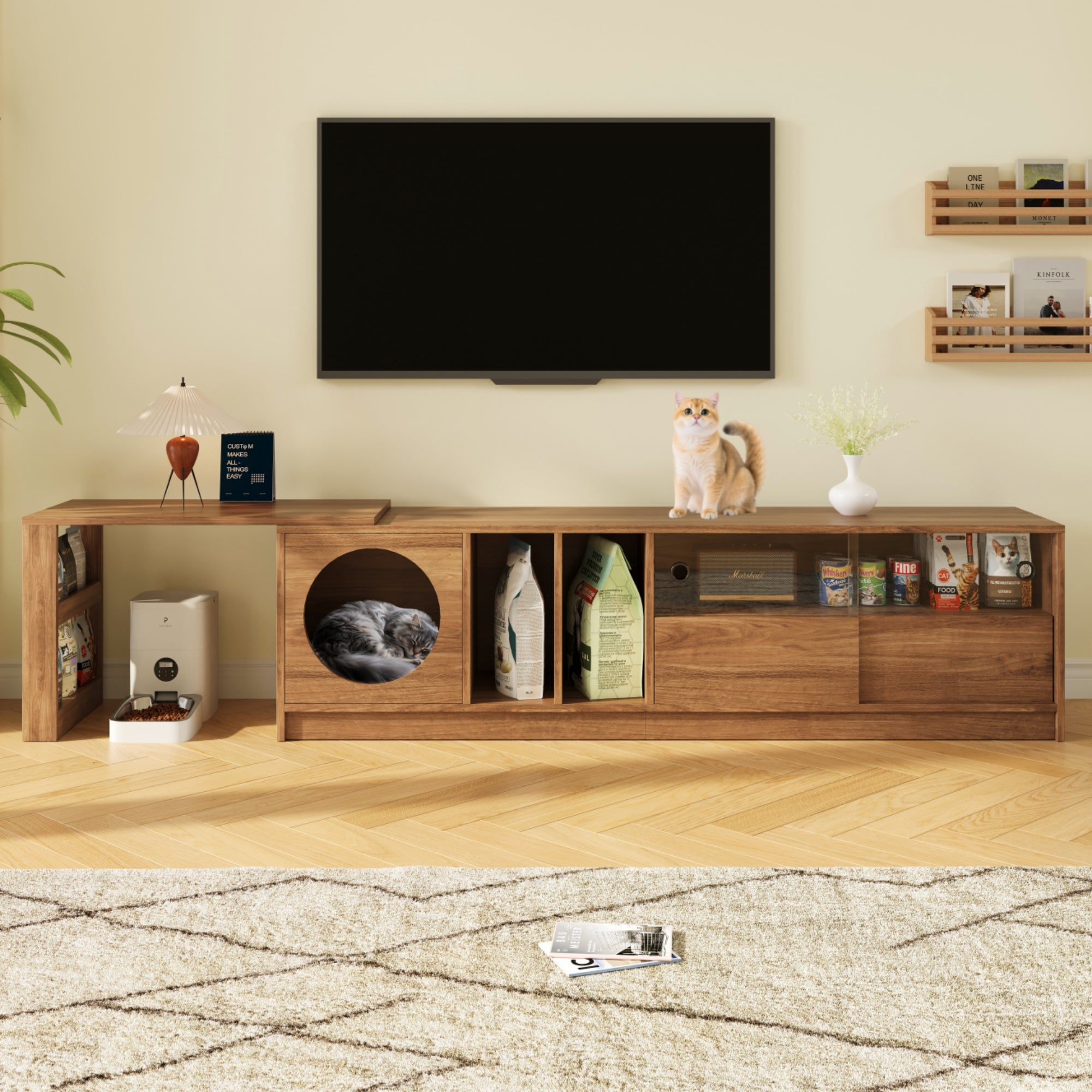 Modern rotating TV cabinet, multi-purpose extendable pet-friendly glass doors cat resting area, walnut color