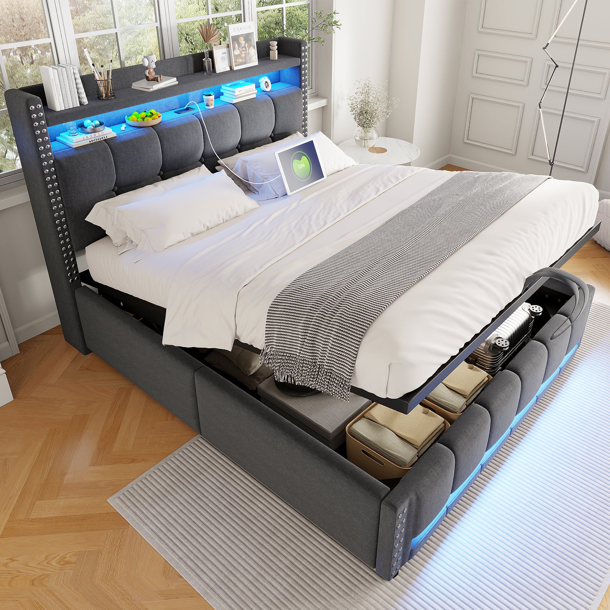 Upholstered Bed 160*200cm, LED & USB, Hydraulic Storage, Linen Fabric Gray