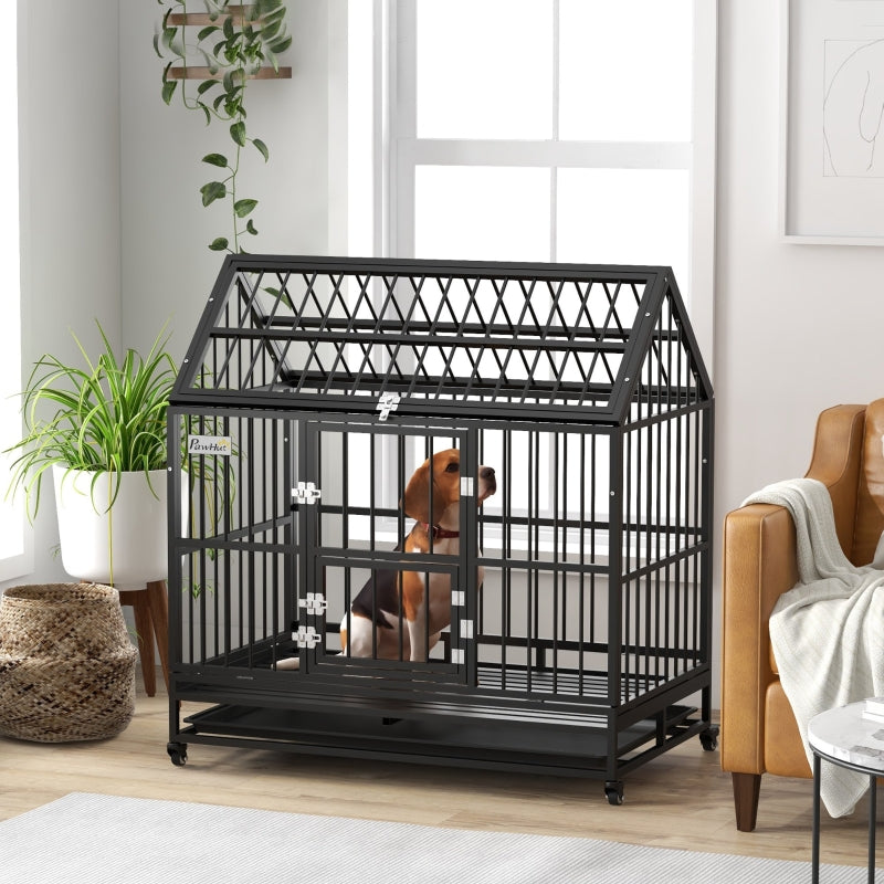 Dog Crate Heavy Duty on Wheels, Removable Tray, Openable Top, L/XL - Black