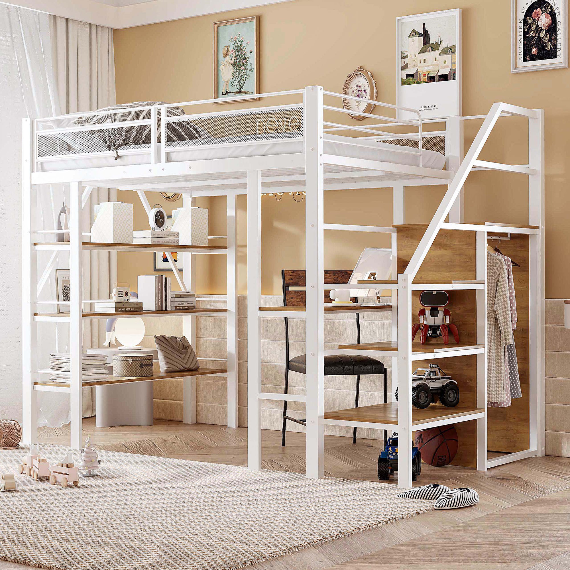 Loft Bed, 140x200cm with Storage Shelf, Desk, Wardrobe, Safety Steps, Iron, White