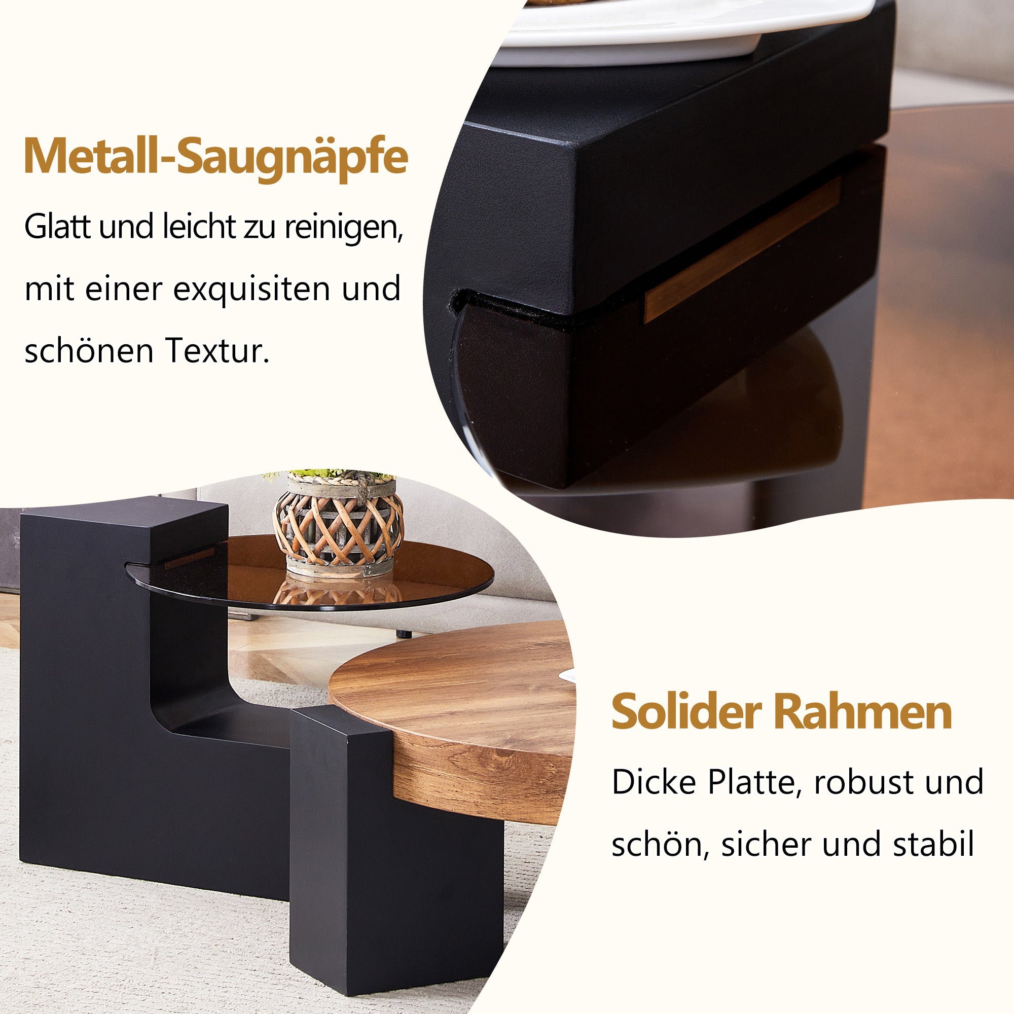 Round Coffee Table Two-Tier Detachable Transparent Brown Glass Top Black MDF Legs