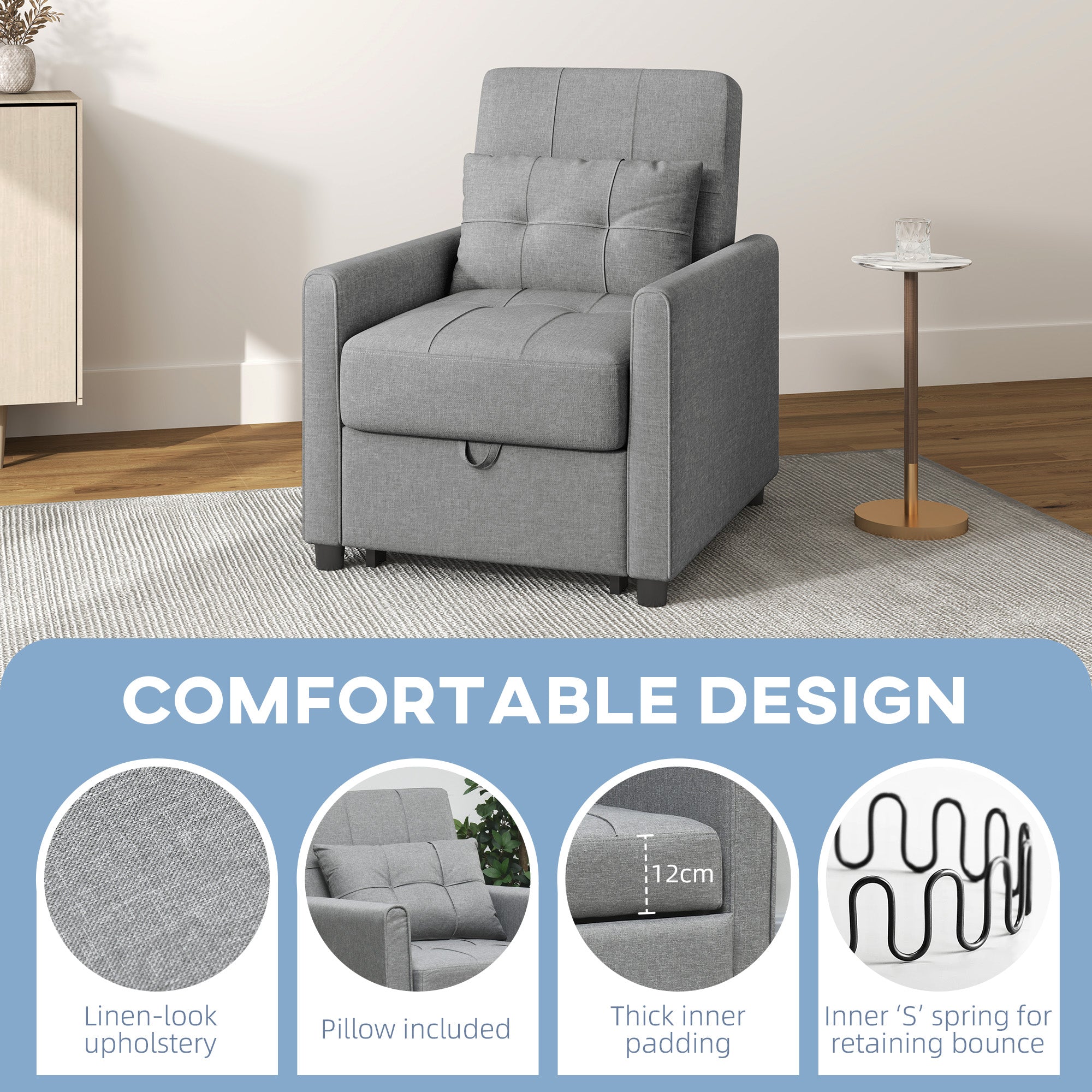 Single Chair Bed, Linen-Look, Light Grey