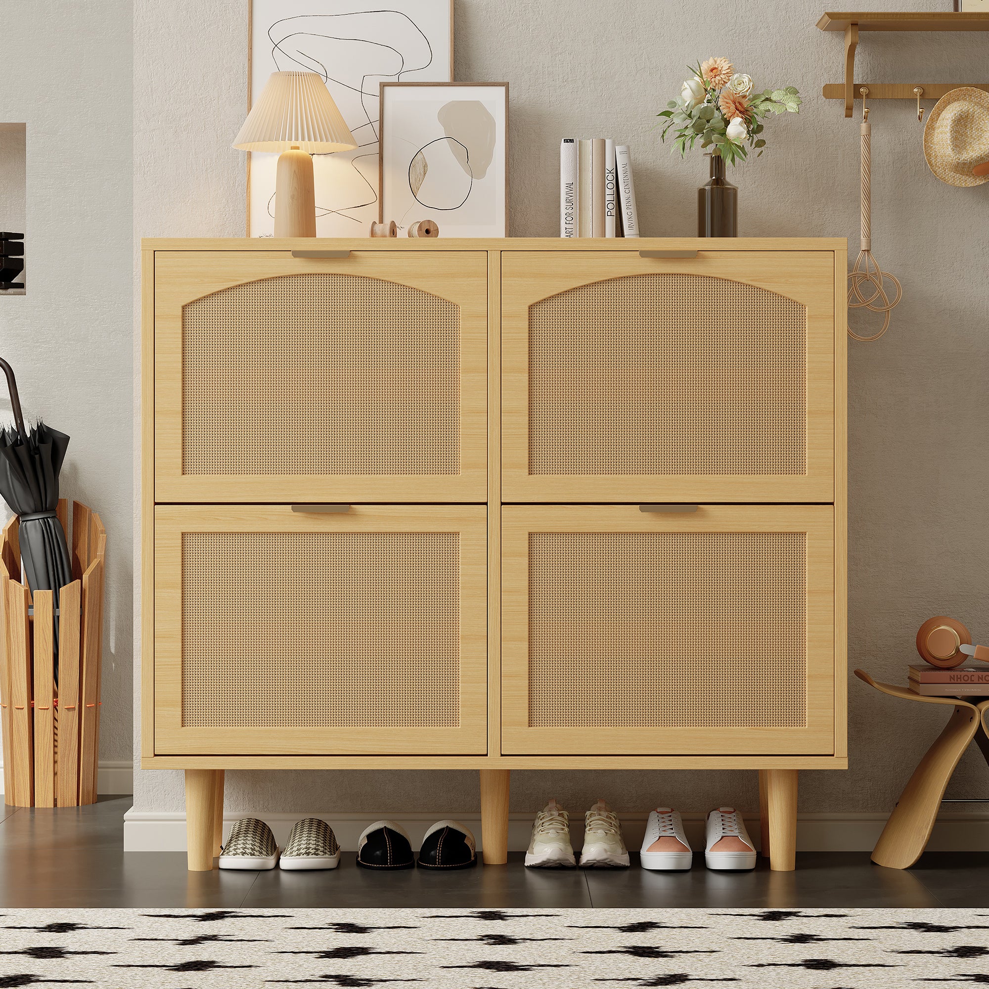 Shoe cabinet with 4 folding drawers, rattan and metal, wooden