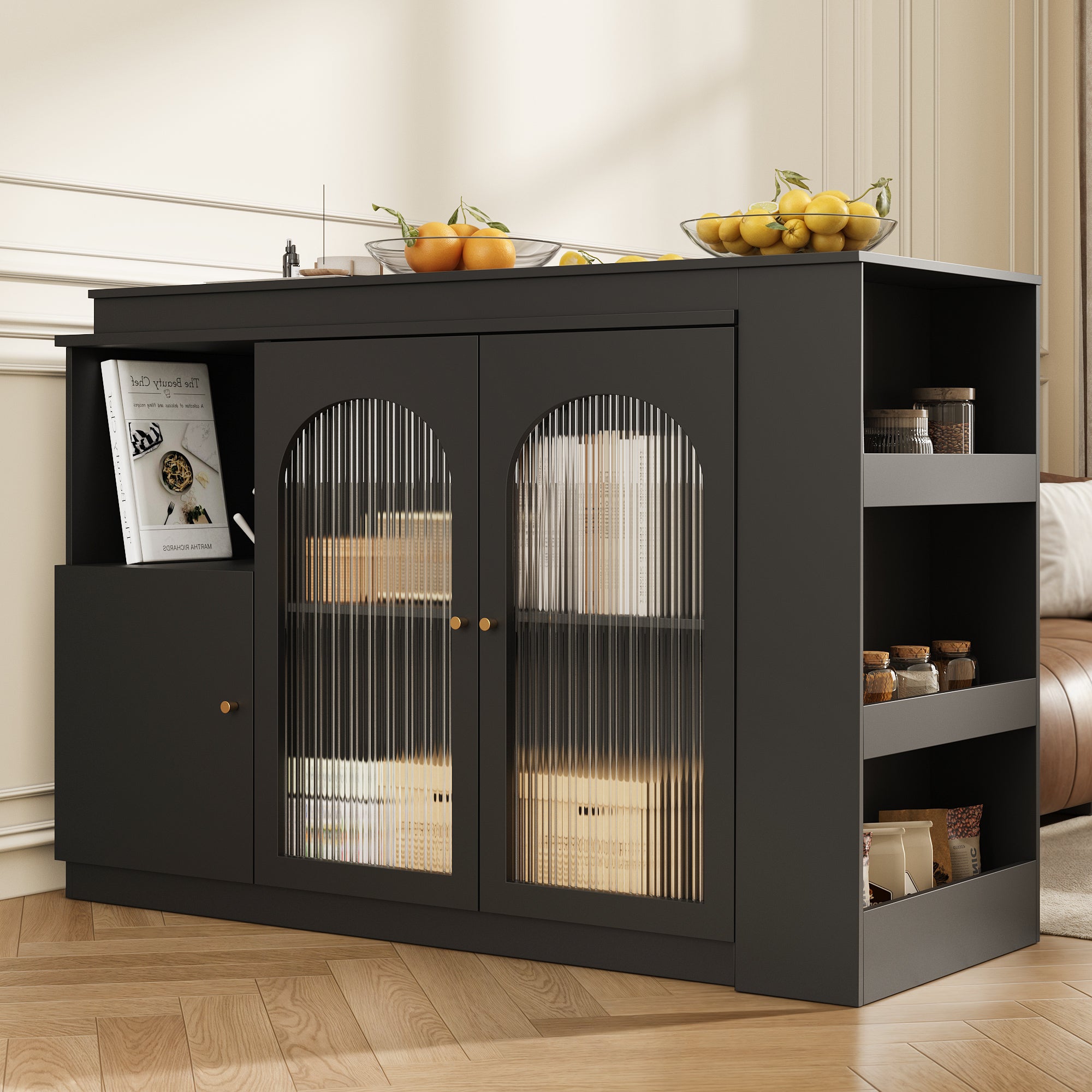 Bar Table, 360° Rotating Dining & Storage with Glass Door, Black