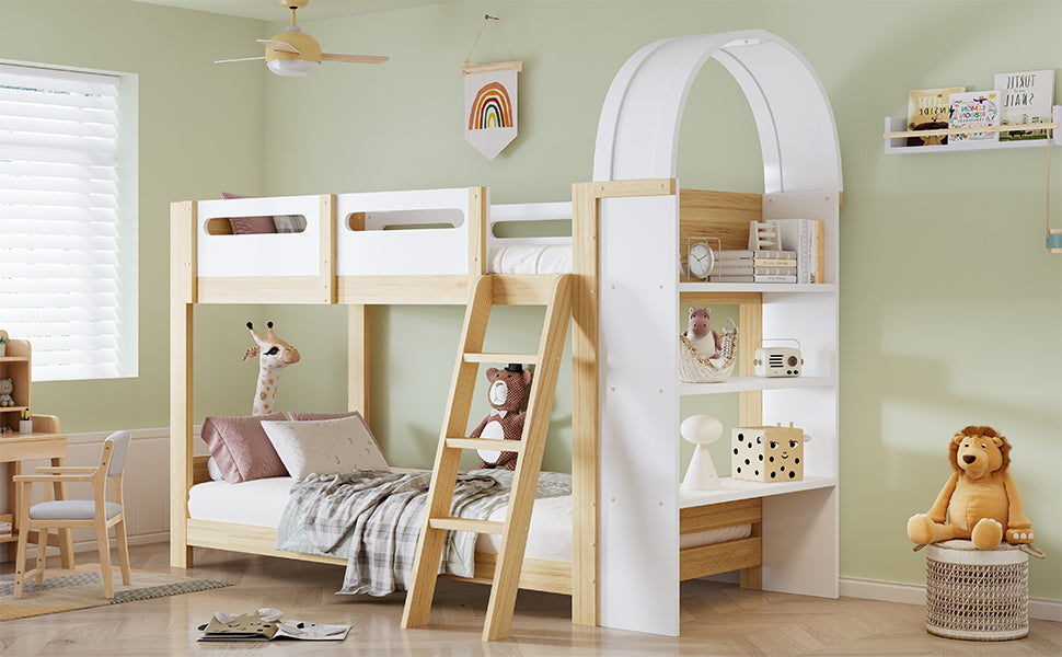 Bunk Bed with Shelf, Rail, & Ladder, Pine + MDF + Plywood, White + Natural