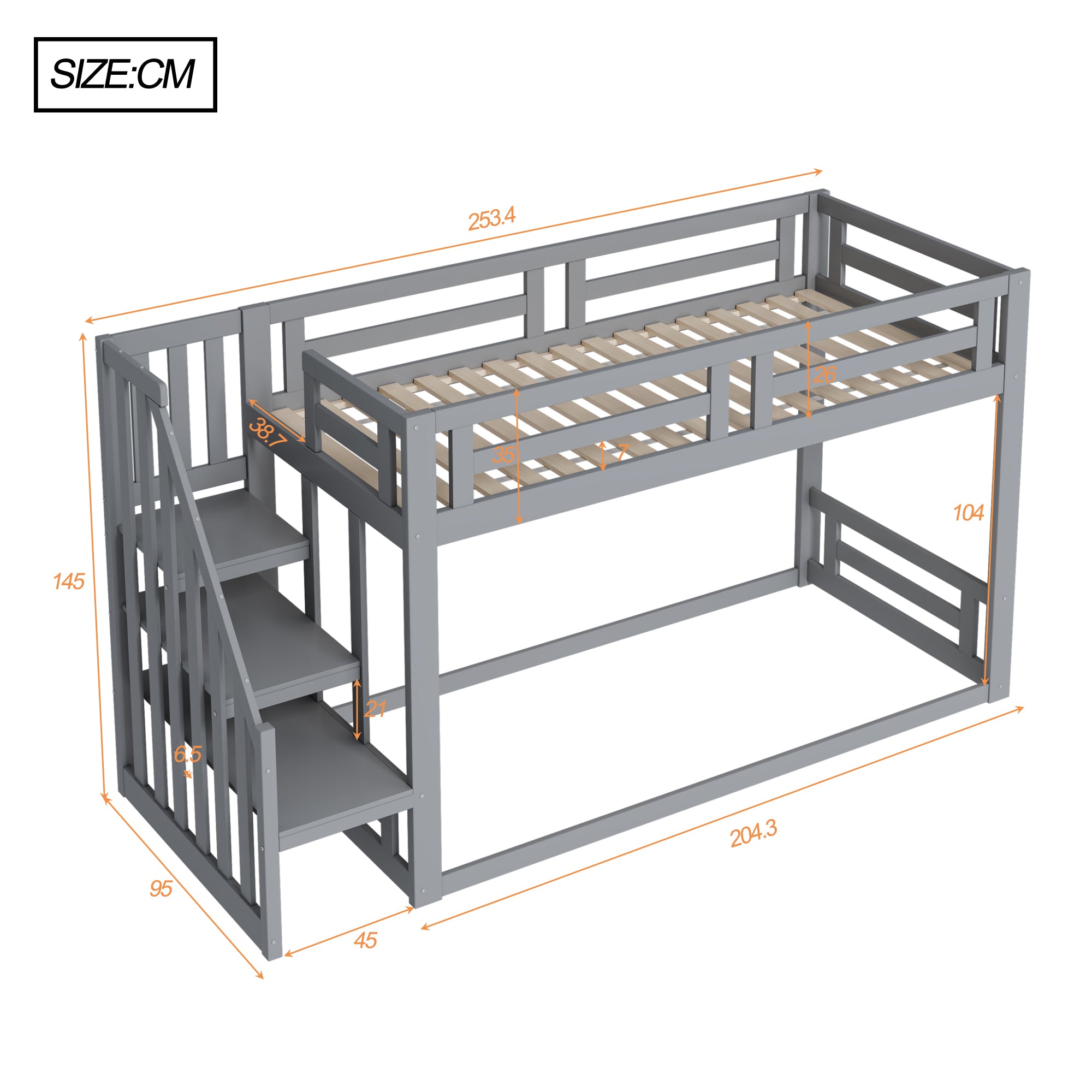 Children's Bed, Low Bunk with Safety Stairs, Solid Wood Gray